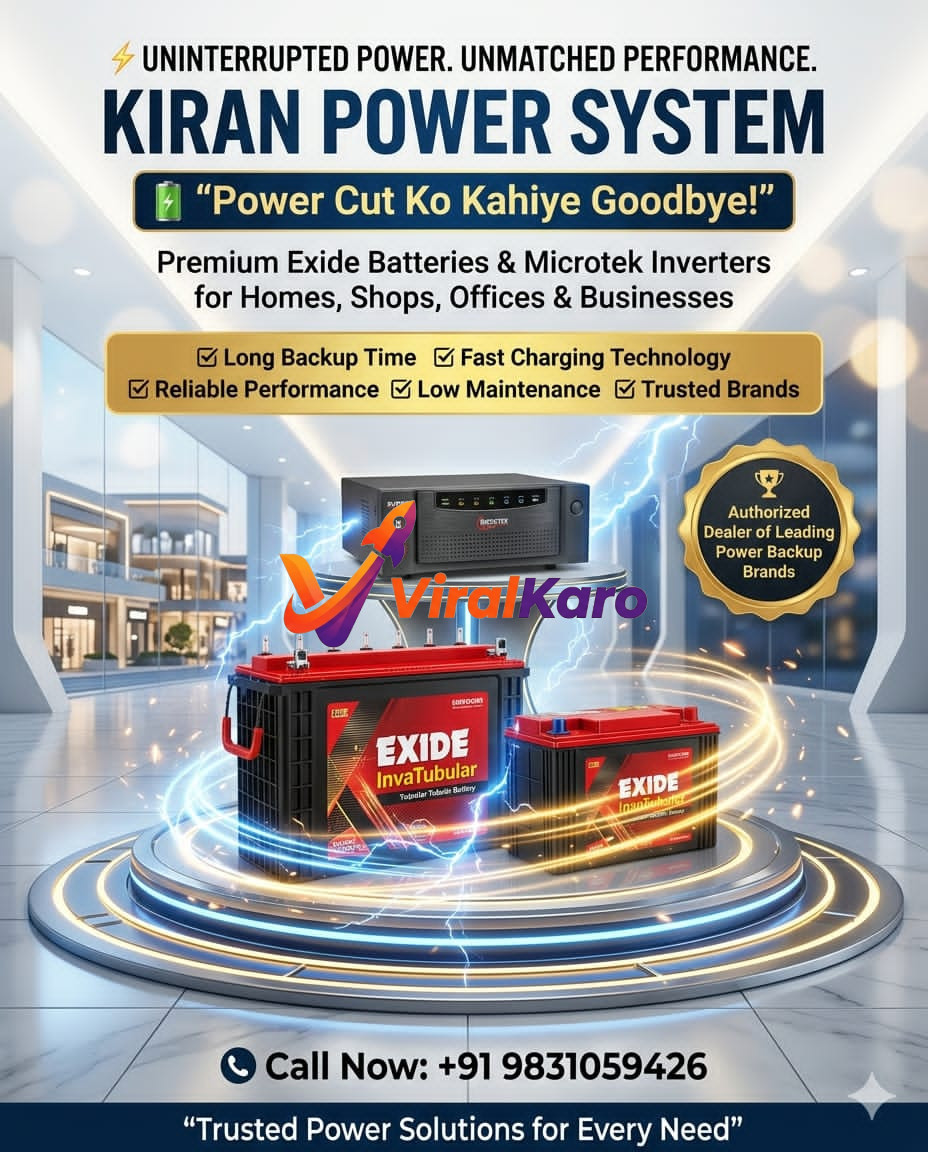 Kiran Power System advertisement showcasing Exide InvaTubular batteries and a Microtek inverter, highlighting power backup solutions for homes and offices.