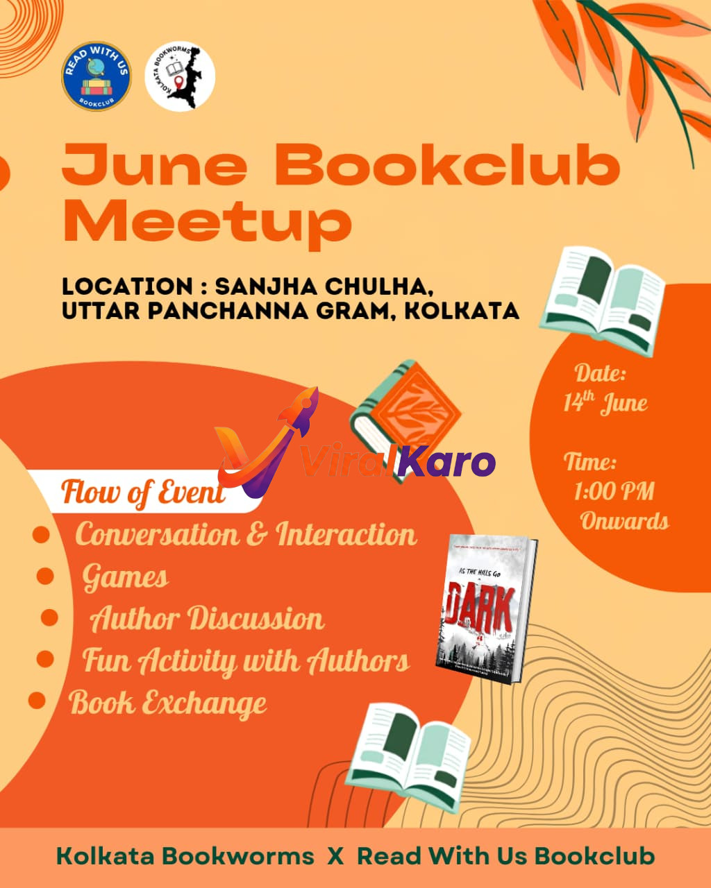 An event flyer for the June Bookclub Meetup featuring book icons and event details on an orange background.