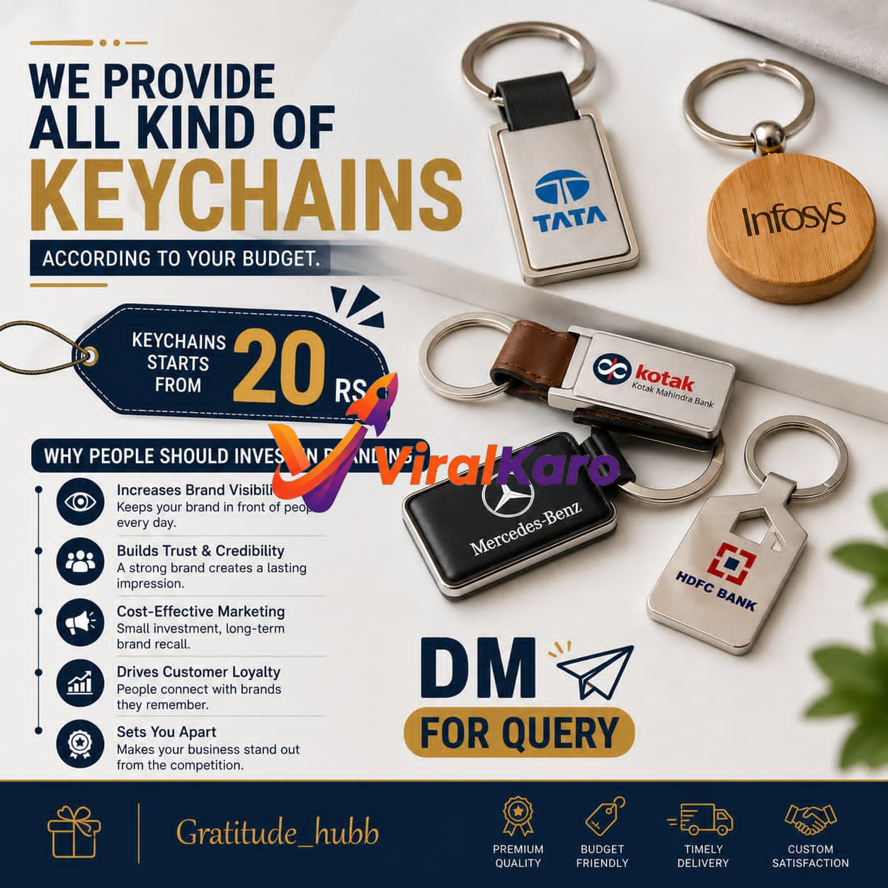 A collage showcasing various custom branded keychains including metal keychains with Tata, Kotak Mahindra Bank, Mercedes-Benz, HDFC Bank logos, and a wooden keychain with the Infosys logo. The image also features text promoting keychains starting from 20 Rs. and outlining branding benefits like increased visibility, trust, and cost-effectiveness from Gratitude_hubb.