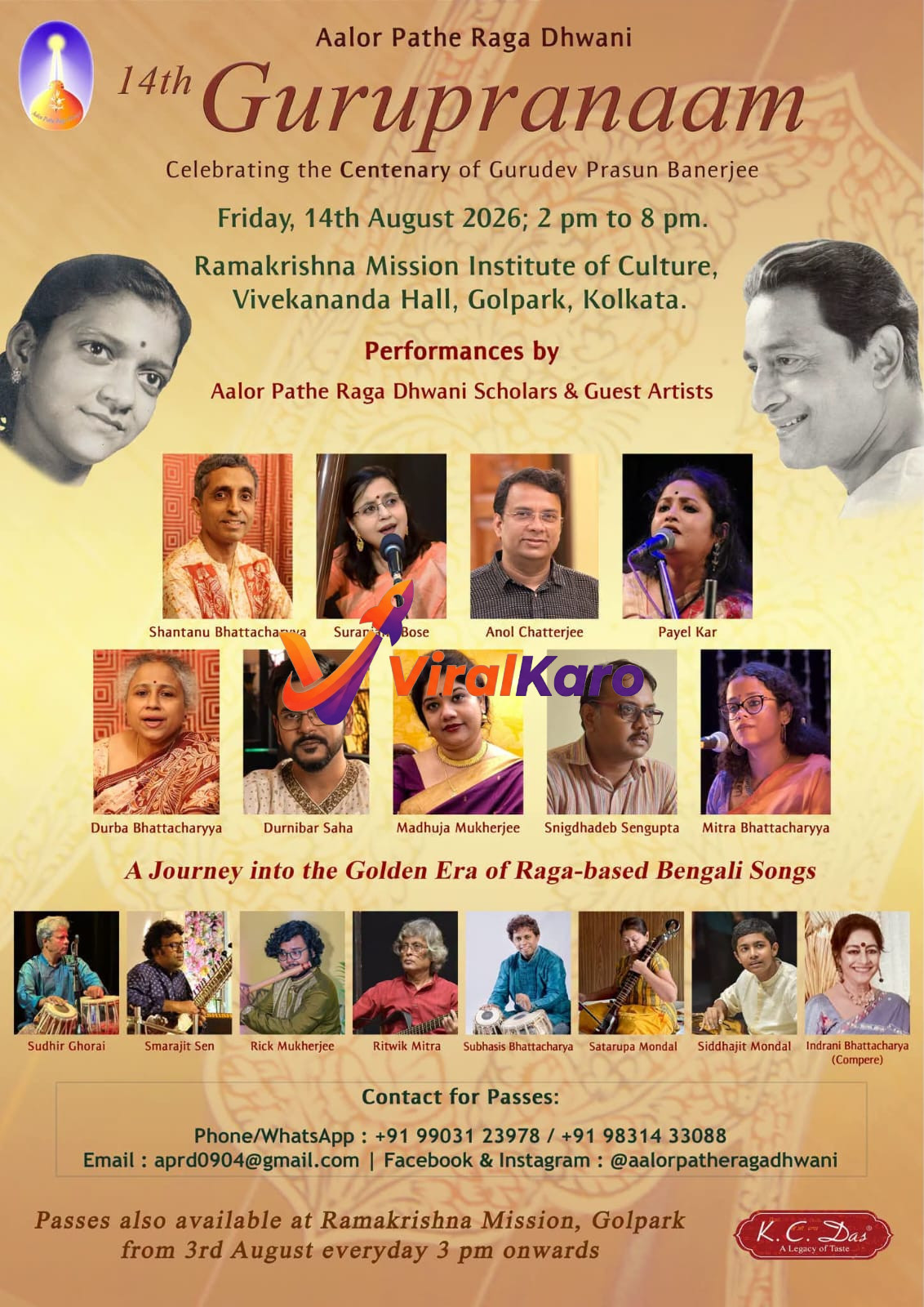 Event poster for 14th Gurupranaam featuring photos of multiple artists and event details, held at Ramakrishna Mission Institute of Culture, Golpark, Kolkata.