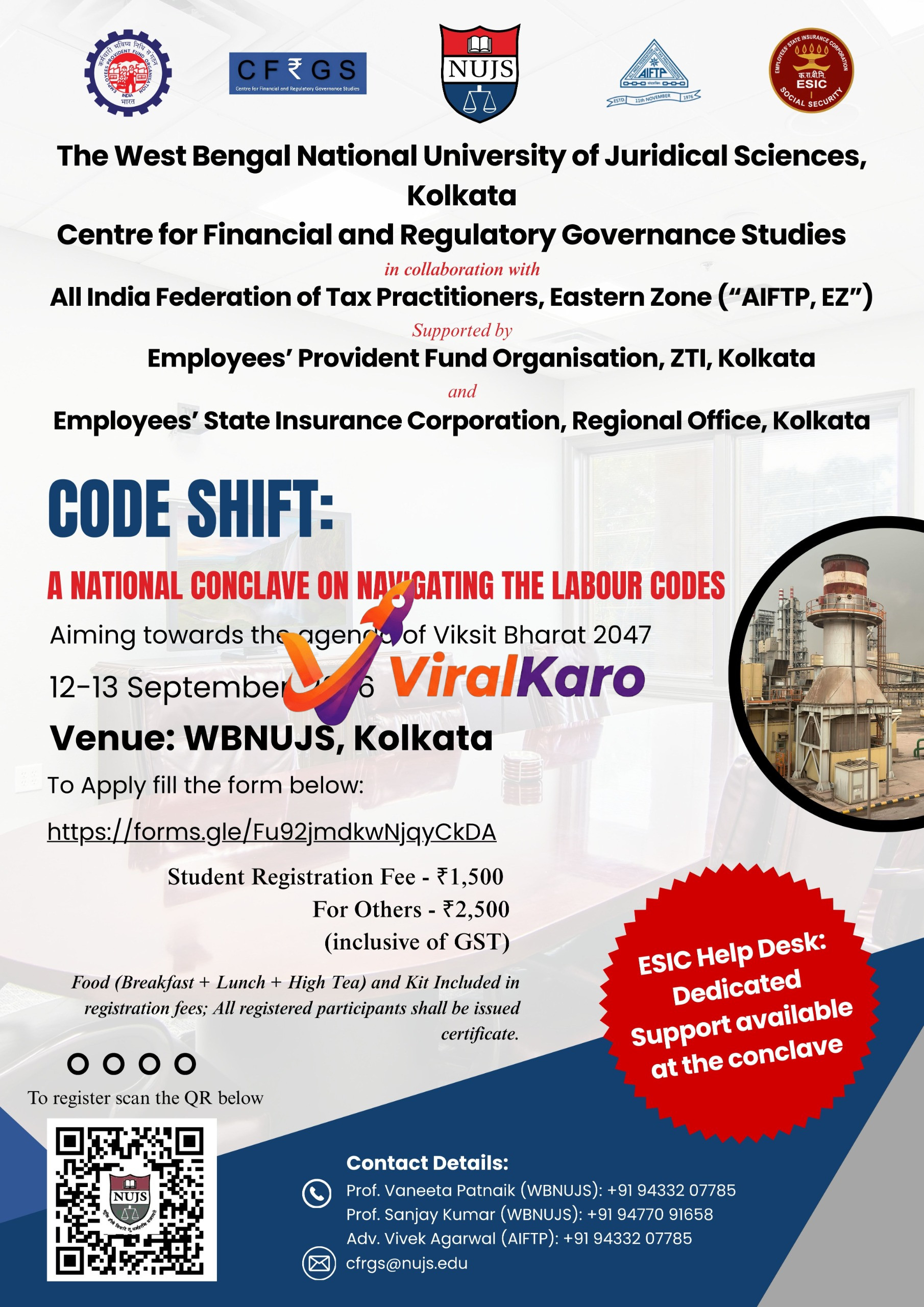 Event poster for CODE SHIFT: A National Conclave on Navigating the Labour Codes hosted by WBNUJS Kolkata on September 12-13, 2026, featuring event details, registration link, and contact information.