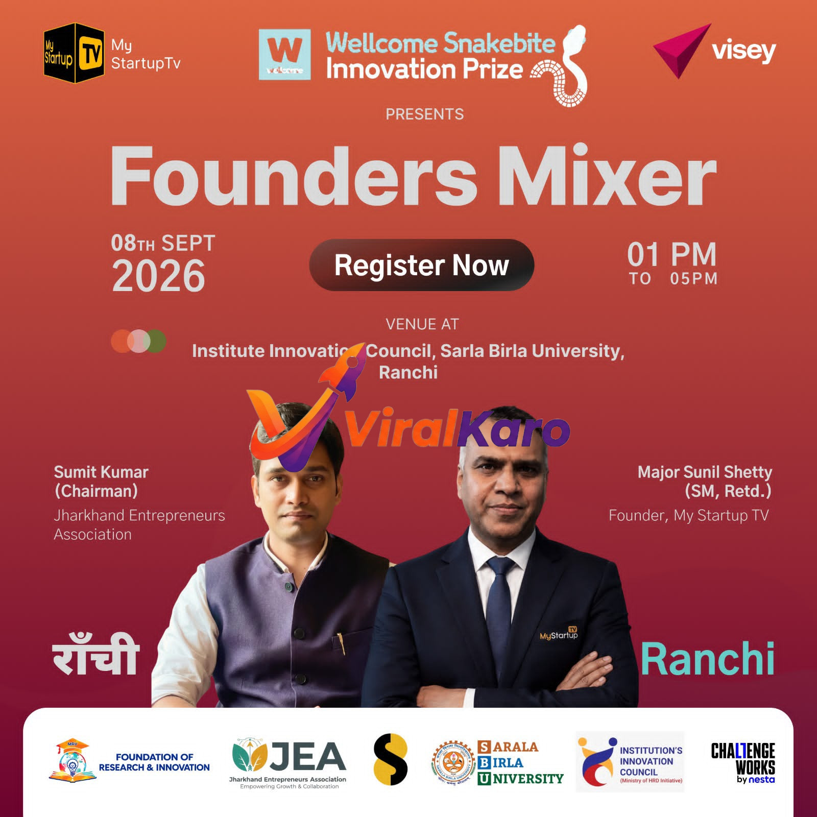 Event poster for Founders Mixer at Sarla Birla University featuring speakers Sumit Kumar and Major Sunil Shetty, with event date 8th September 2026.