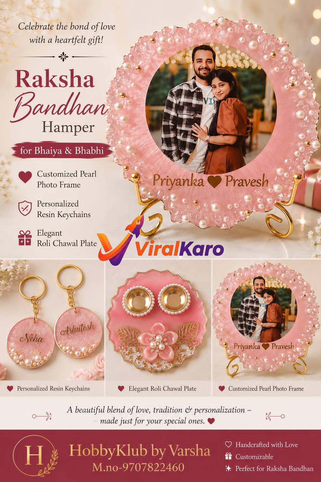 Custom Raksha Bandhan gift hamper set featuring a pearl-decorated photo frame with a couple's photo, two personalized resin keychains, and a flower-shaped Roli Chawal plate on a table.
