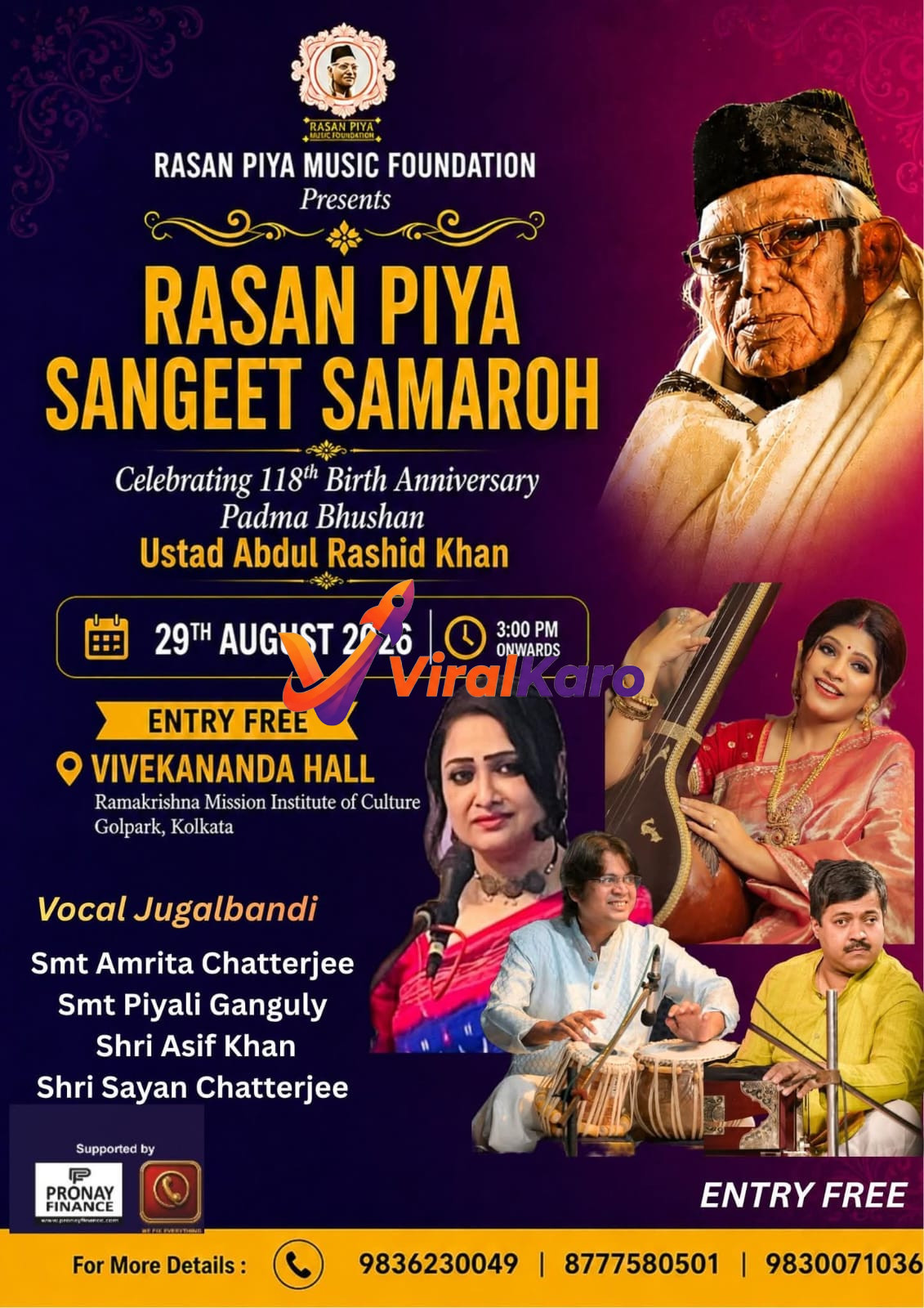 Event poster for Rasan Piya Sangeet Samaroh featuring a portrait of Ustad Abdul Rashid Khan and participating musicians at Vivekananda Hall, Kolkata.