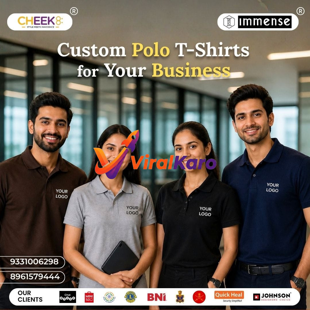 A group of four young professionals standing in an office environment wearing custom branded polo t-shirts in brown, grey, black, and blue, representing Cheek8 services.