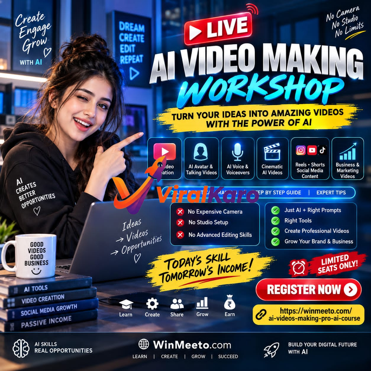 A young woman smiling while sitting in front of a laptop, promoting an online AI video making workshop with icons for AI tools, video creation, and marketing growth.