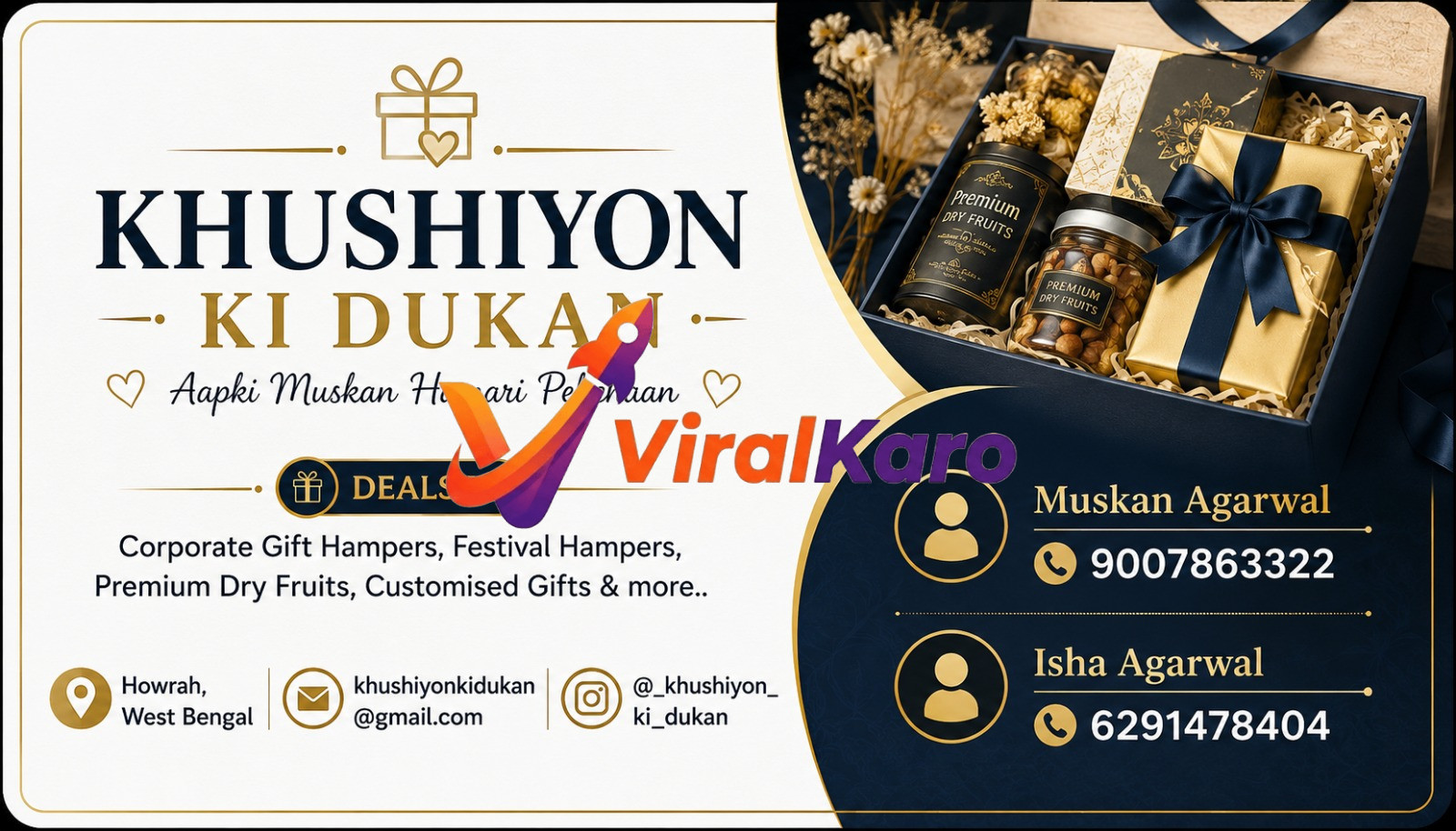 A premium gift box set by Khushiyon Ki Dukan containing dry fruits and elegantly wrapped gifts, showcased with a golden bow and festive branding.
