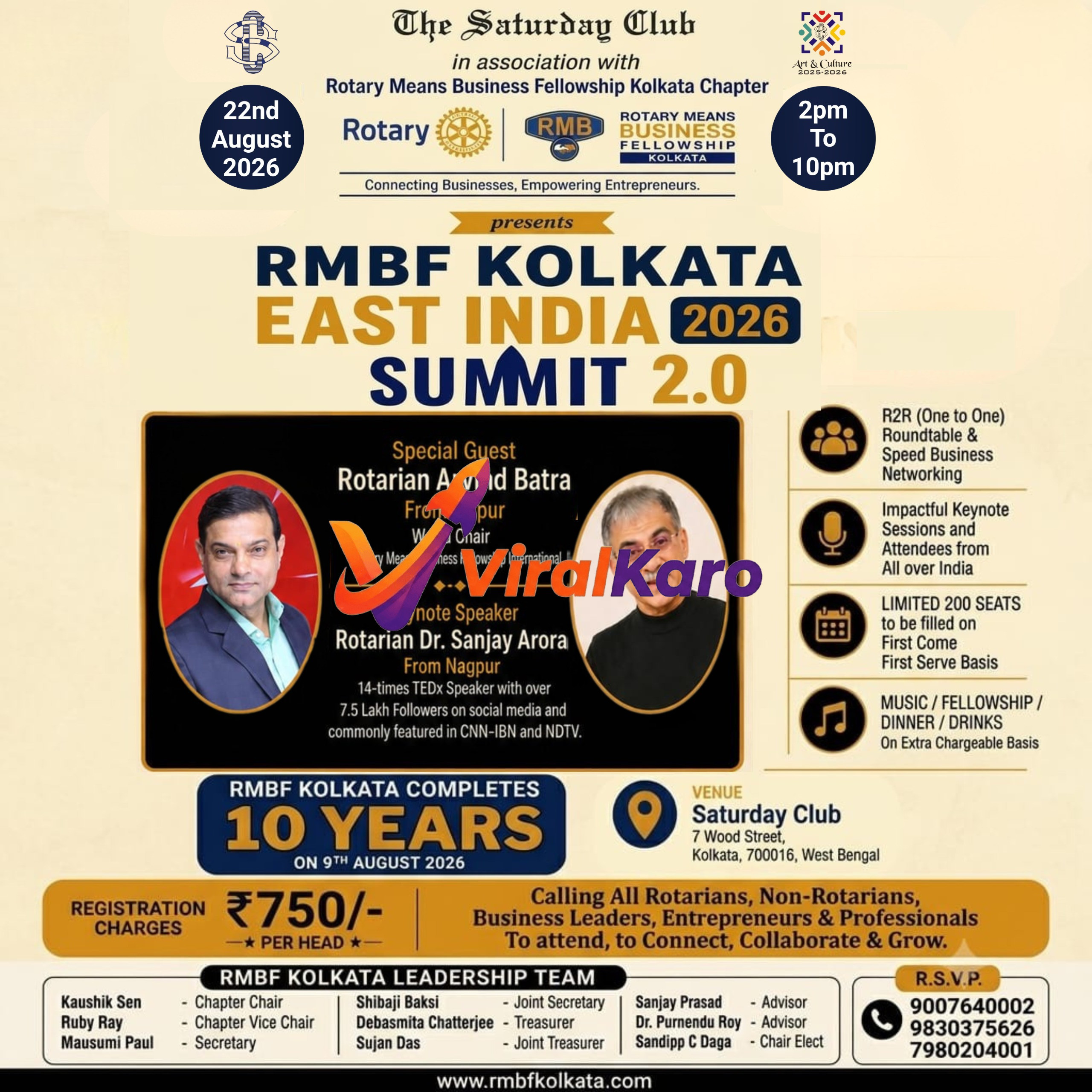 Event flyer for the RMBF Kolkata East India Summit 2.0, featuring Rotarian speakers, date, time, and venue at The Saturday Club, Kolkata.