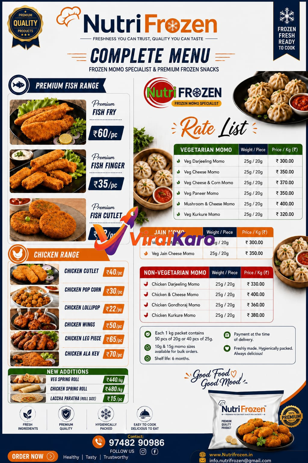 NutriFrozen product menu featuring a variety of frozen momos, fish fry, chicken wings, and spring rolls with listed prices.