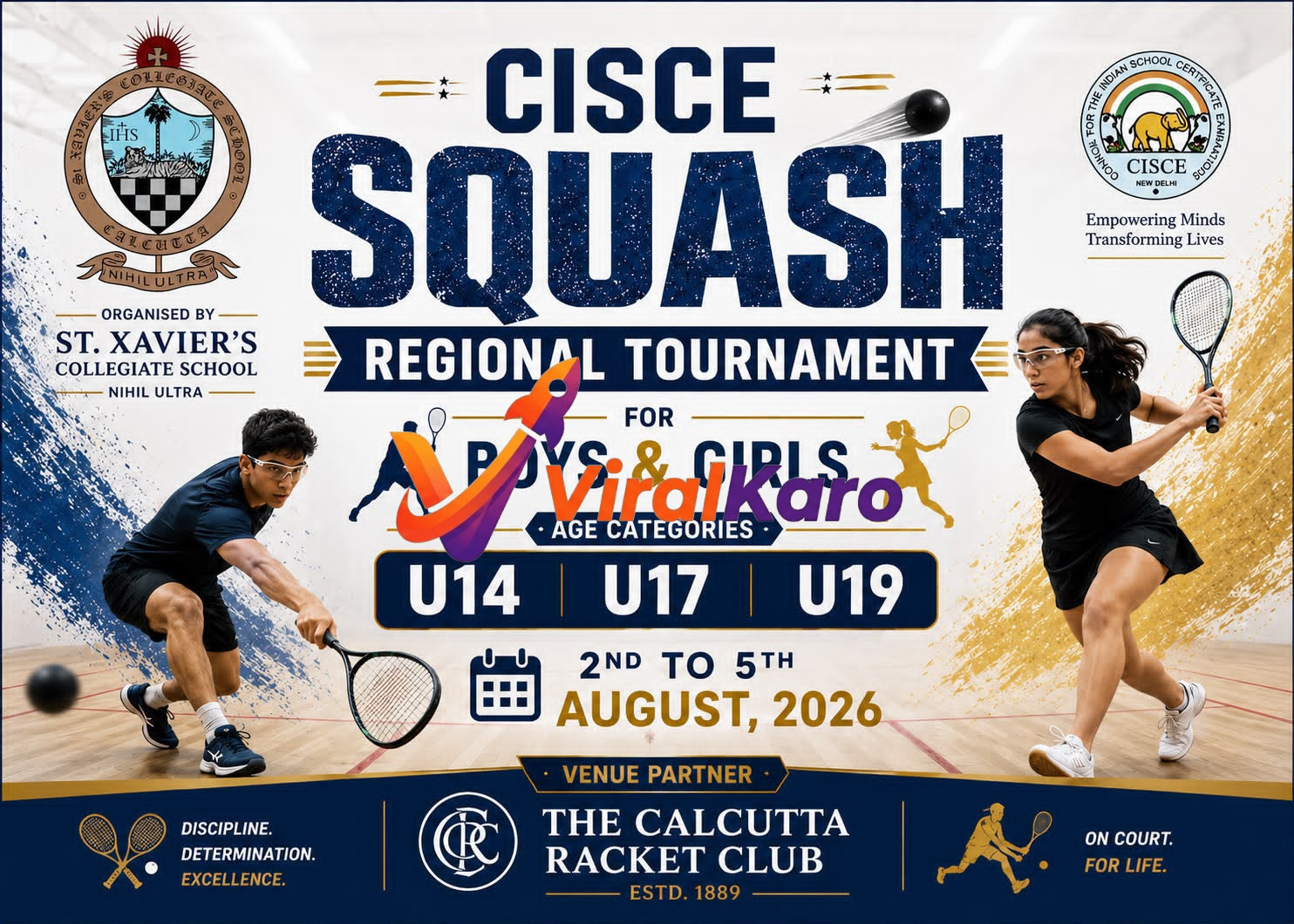Promotional poster for the CISCE Squash Regional Tournament 2026, featuring squash players in action, the event dates, and venue details for The Calcutta Racket Club.