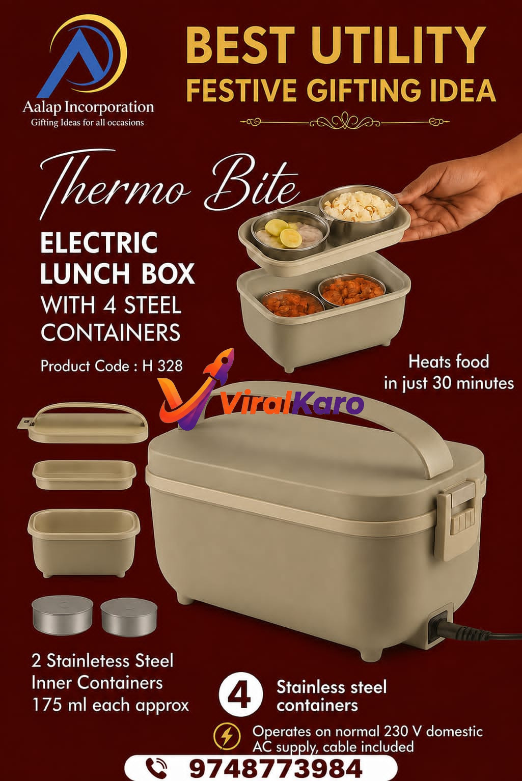 Thermo Bite electric lunch box with four stainless steel containers for warm meals, presented as a festive gifting idea by Aalap Incorporation.