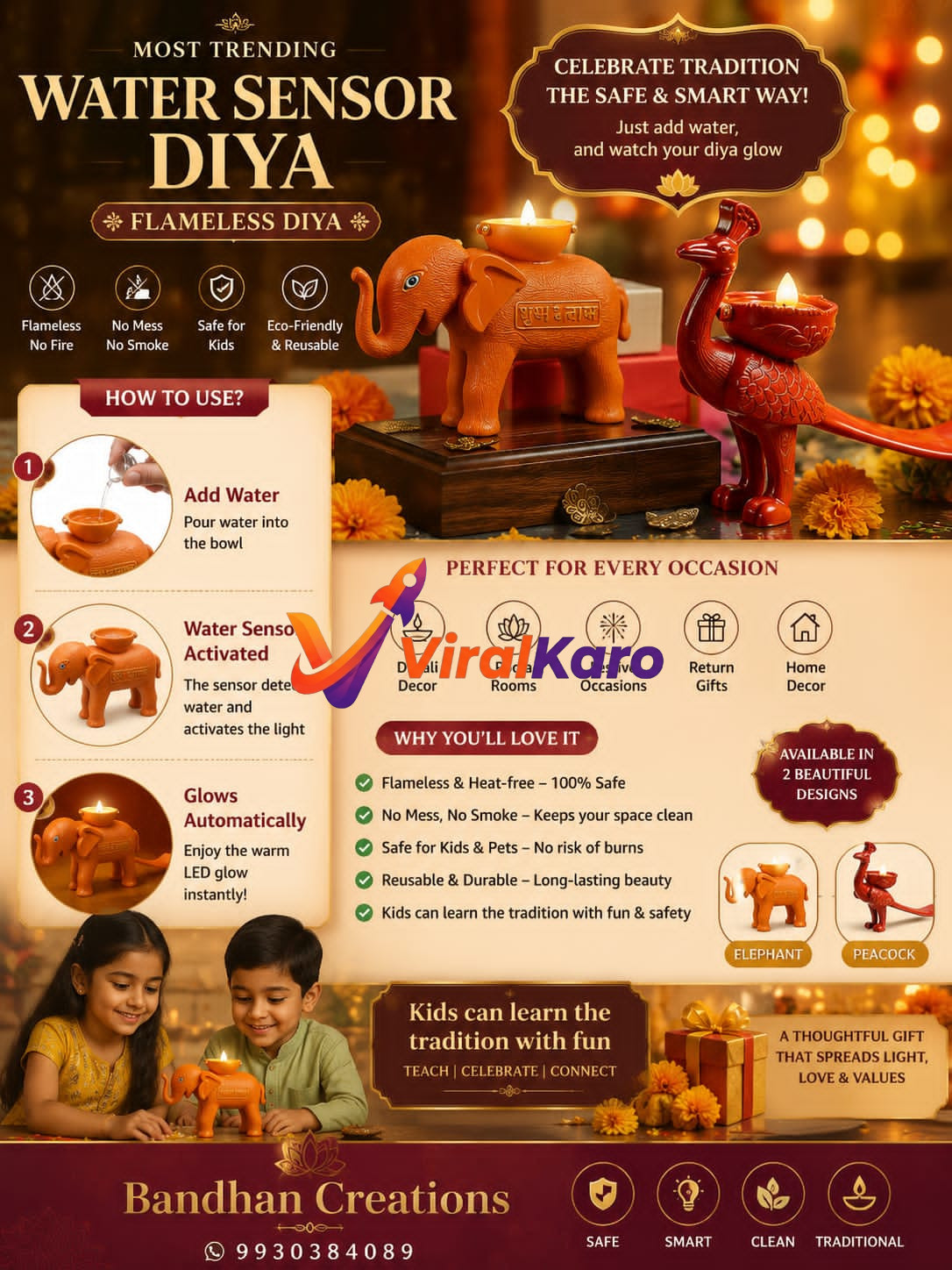 An advertisement for Bandhan Creations Water Sensor Diyas showing elephant and peacock shaped lights that glow when water is added.