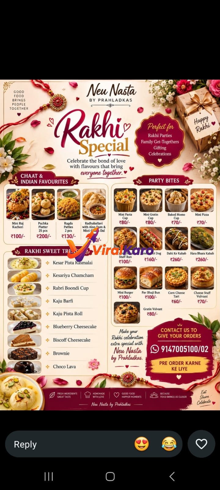 Digital flyer for Neu Nasta by Prahladkas Rakhi Special menu featuring various snacks like Puchka, Mini Pizza, Kesar Pista Rasmalai, and contact details for pre-orders.