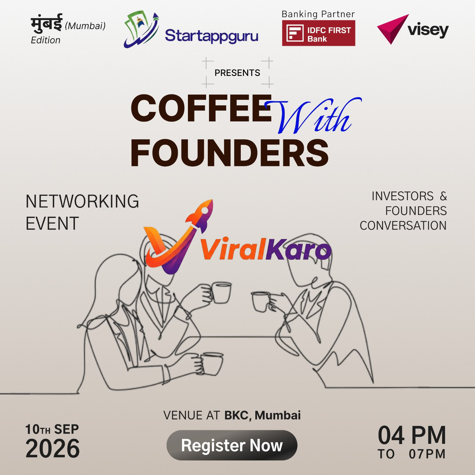 Event poster for Coffee With Founders networking event in BKC, Mumbai with Startappguru and IDFC First Bank logos.