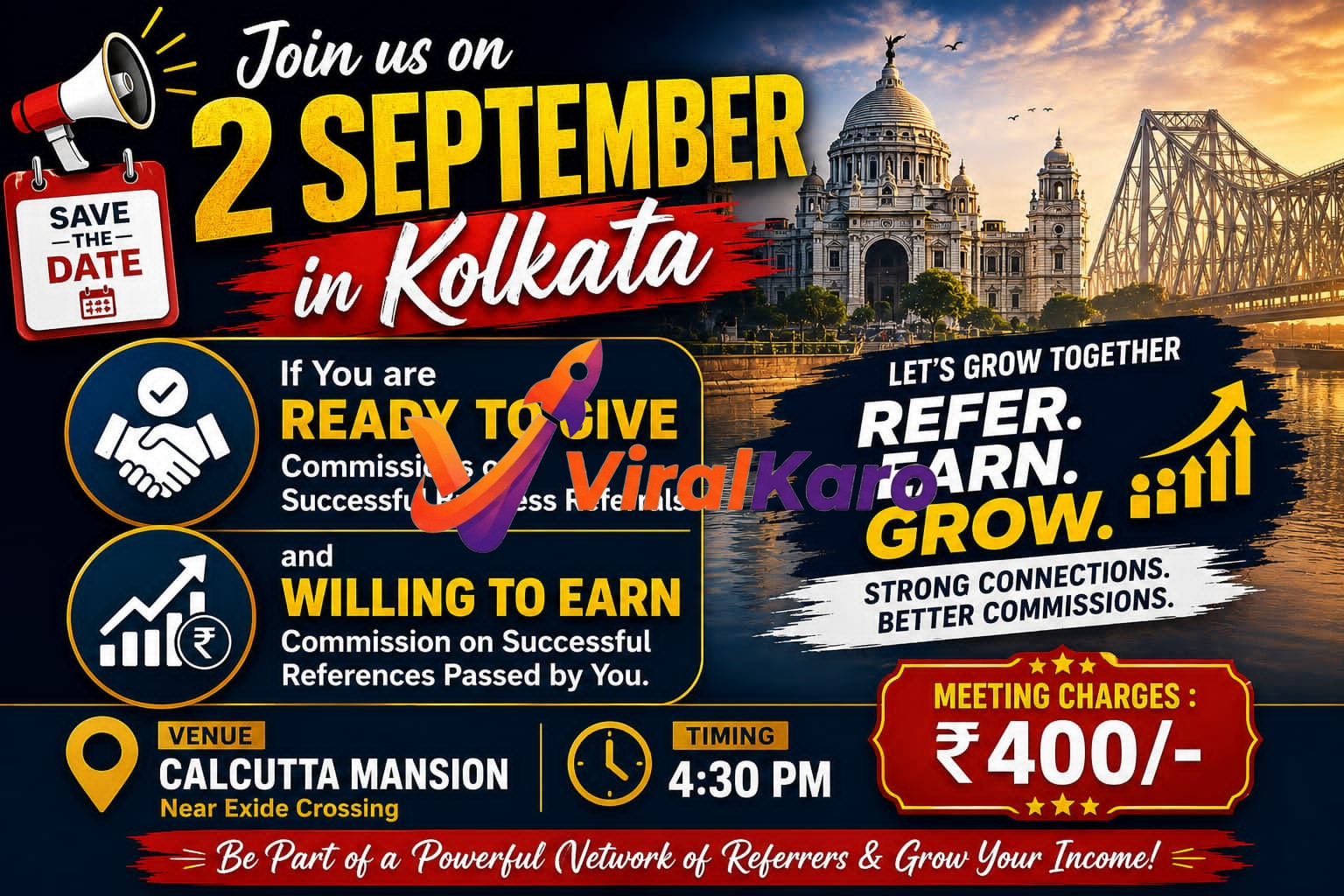 Event flyer for a business networking meeting in Kolkata at Calcutta Mansion on September 2nd featuring text about referrals and commissions.