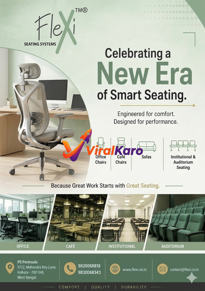 A promotional advertisement for Flexi Seating Systems, showcasing various chair types for different environments. The image features a modern grey ergonomic office chair on the left, with text "Celebrating a New Era of Smart Seating. Engineered for comfort. Designed for performance." Icons represent office chairs, café chairs, sofas, and institutional/auditorium seating. Below are split images of an office setup, a cafe, an institutional classroom, and an auditorium with green seats. Contact information for Flexi Seating Systems in Kolkata, including address, phone numbers, website, and email, is visible at the bottom. The brand logo 'Flexi TM® SEATING SYSTEMS' is prominently displayed at the top left.