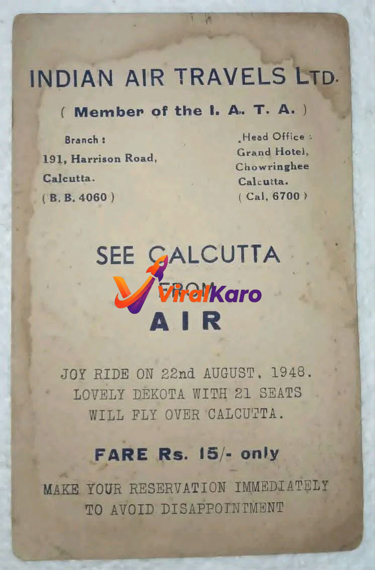 Vintage advertisement from 1948 for Indian Air Travels Ltd offering joy rides over Calcutta in a Dakota aircraft for 15 rupees.
