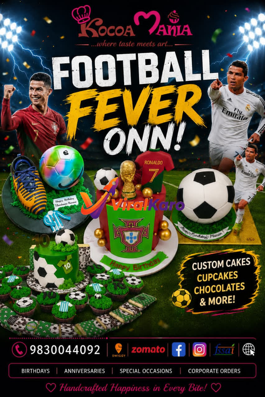 A colorful promotional poster for Kocoa Mania showcasing various football-themed birthday cakes featuring Cristiano Ronaldo and soccer ball designs, with contact details for delivery in Kolkata.