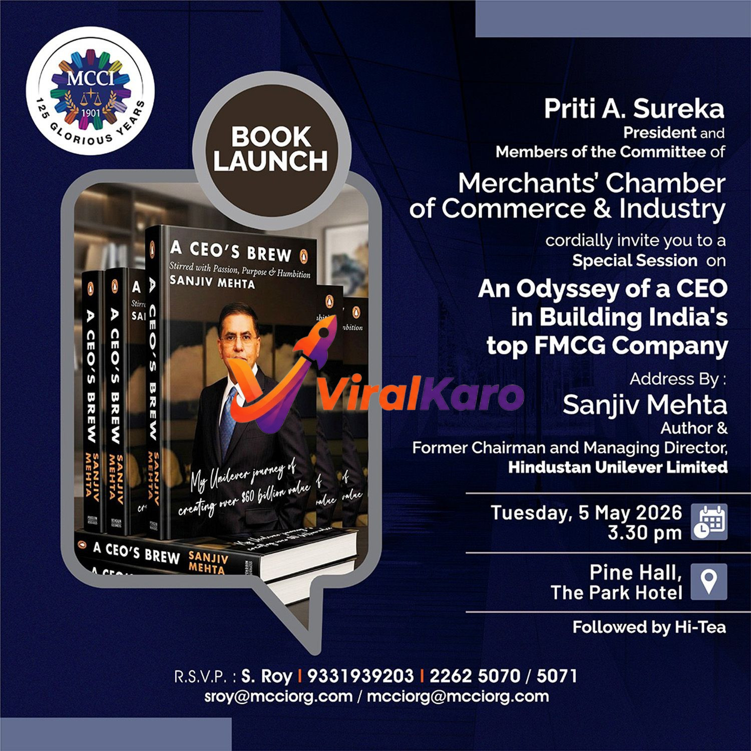 Event invitation poster for the book launch of 'A CEO's Brew' by Sanjiv Mehta, Former Chairman and MD of Hindustan Unilever Limited. The poster features a stack of books with Sanjiv Mehta's photo on the cover, the Merchants' Chamber of Commerce & Industry (MCCI) logo, event title 'An Odyssey of a CEO in Building India's top FMCG Company,' and details: Tuesday, 5 May 2026, 3:30 PM, Pine Hall, The Park Hotel. RSVP contact information is at the bottom.