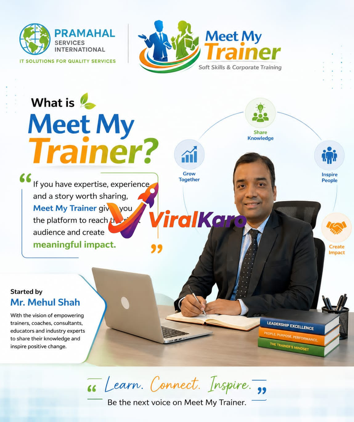Mr. Mehul Shah, founder of Meet My Trainer, sitting at a desk with a laptop and books, promoting a corporate training and expert knowledge-sharing platform.