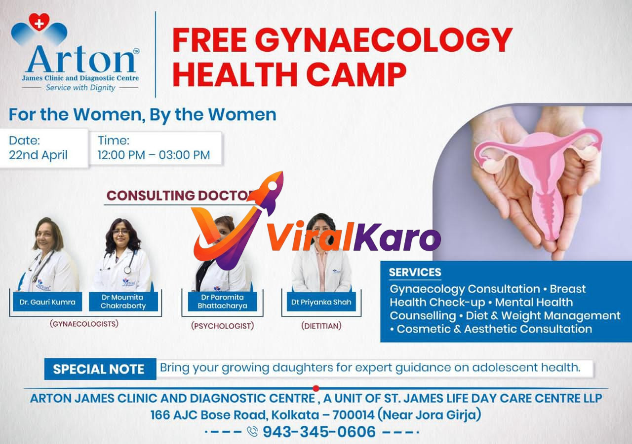 Flyer for Arton James Clinic's Free Gynaecology Health Camp featuring the clinic logo, event title, date (22nd April), time (12-3 PM), images of four consulting doctors (two gynaecologists, one psychologist, one dietitian), and an illustration of female reproductive organs. Listed services include gynaecology, breast health check-up, mental health counselling, diet, and cosmetic consultation, along with the clinic's address and phone number for Kolkata.