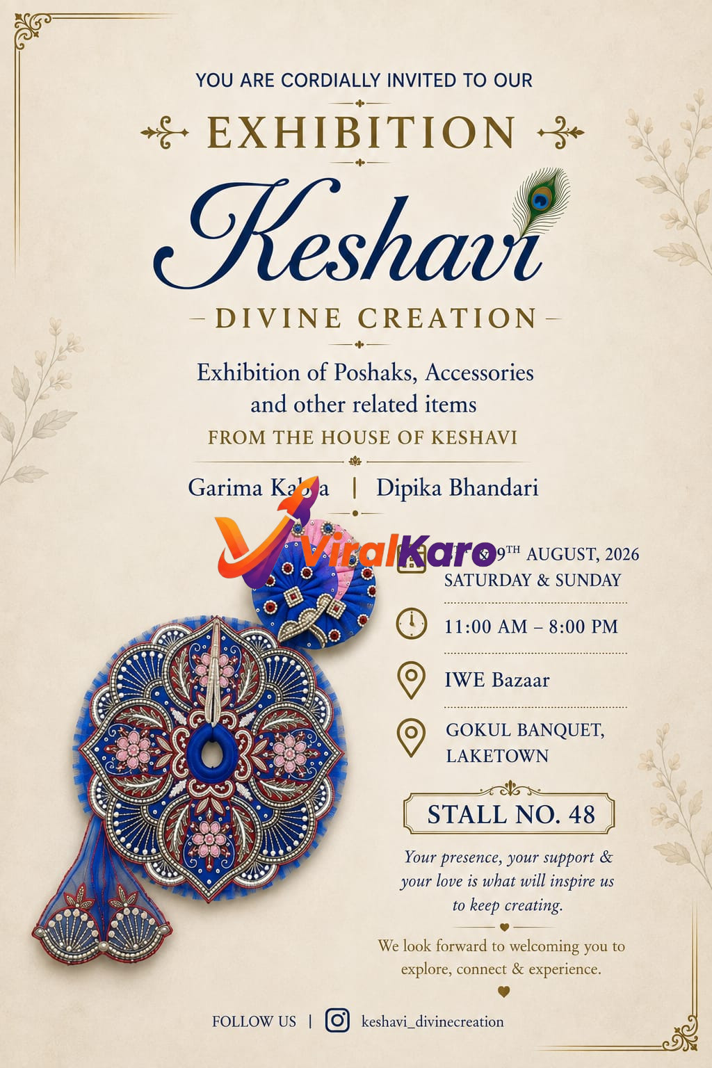 Digital invitation for Keshavi Divine Creation exhibition featuring traditional blue and gold Poshak design with event details for Gokul Banquet, Laketown.