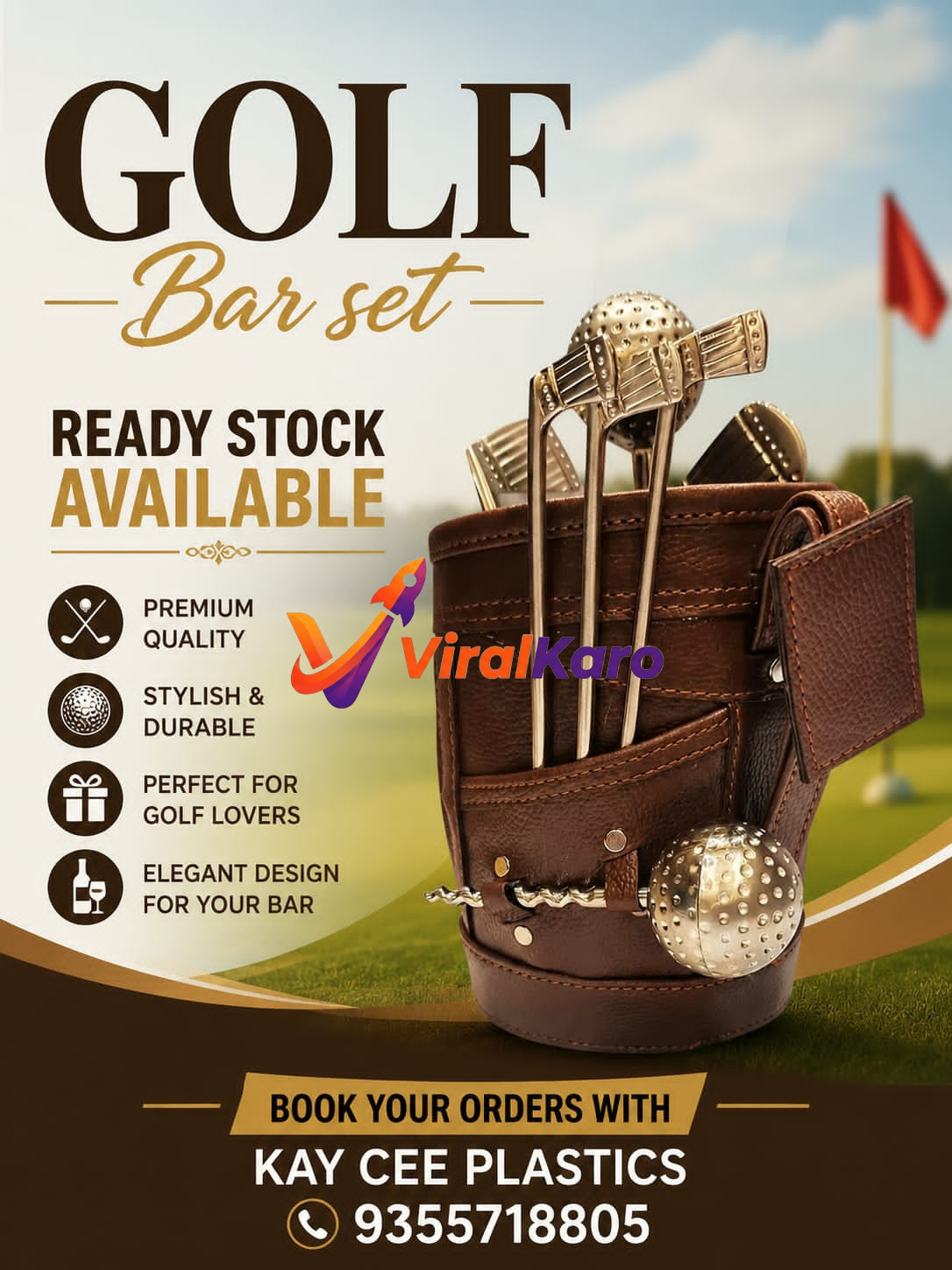 A leather-textured bar accessory set shaped like a miniature golf bag with golf club-themed bar tools, positioned on a green golf course background.