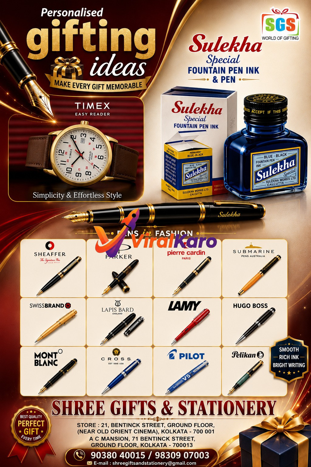 A promotional advertisement for Shree Gifts & Stationery in Kolkata showcasing premium fountain pens from brands like Parker, Montblanc, Lamy, and Timex watches.