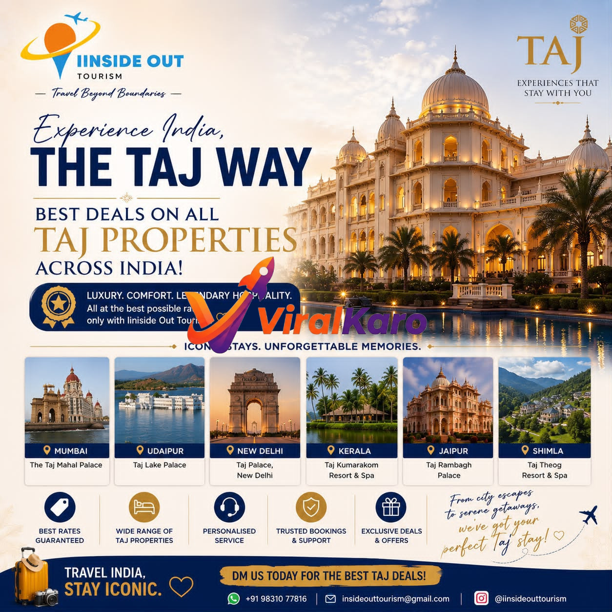 Promotional poster for Iinside Out Tourism featuring Taj hotel properties across India, including Taj Mahal Palace Mumbai and Taj Lake Palace Udaipur, advertising luxury travel deals.