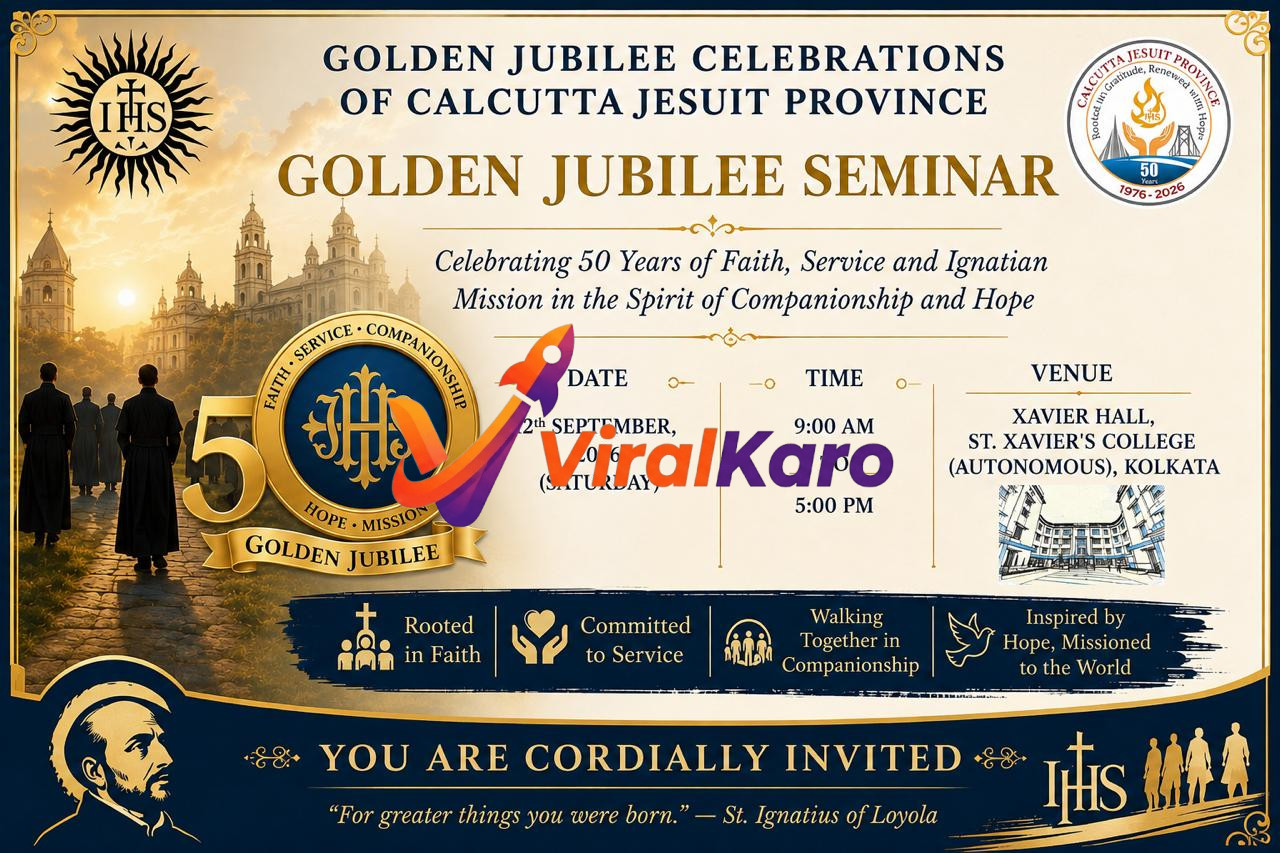 Golden Jubilee Seminar invitation banner for the Calcutta Jesuit Province featuring church architecture and event details at St. Xavier's College, Kolkata.