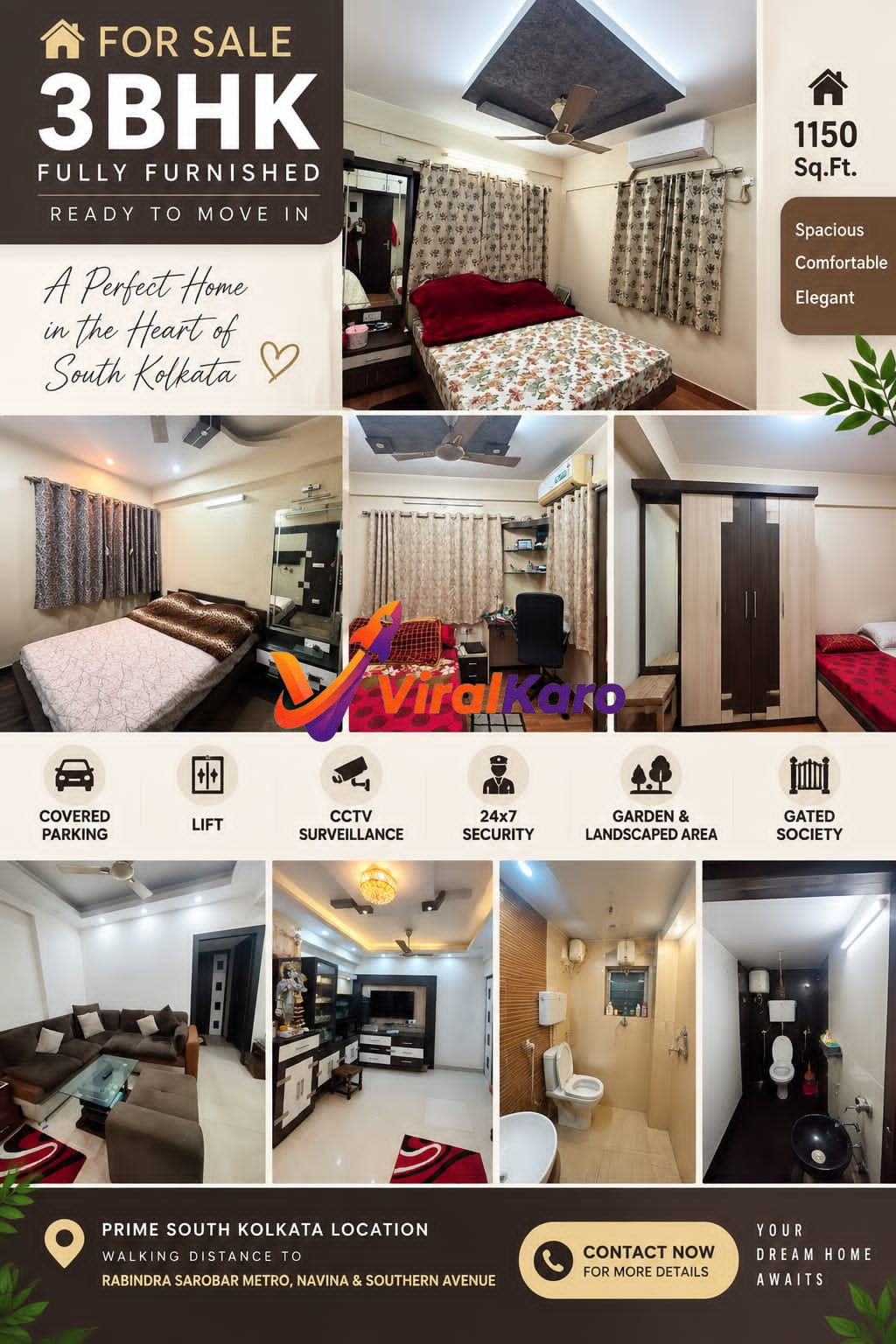 Collage of interior photos of a fully furnished 3BHK apartment in South Kolkata featuring a living room, bedroom, and bathroom with a text overlay highlighting property details and location.