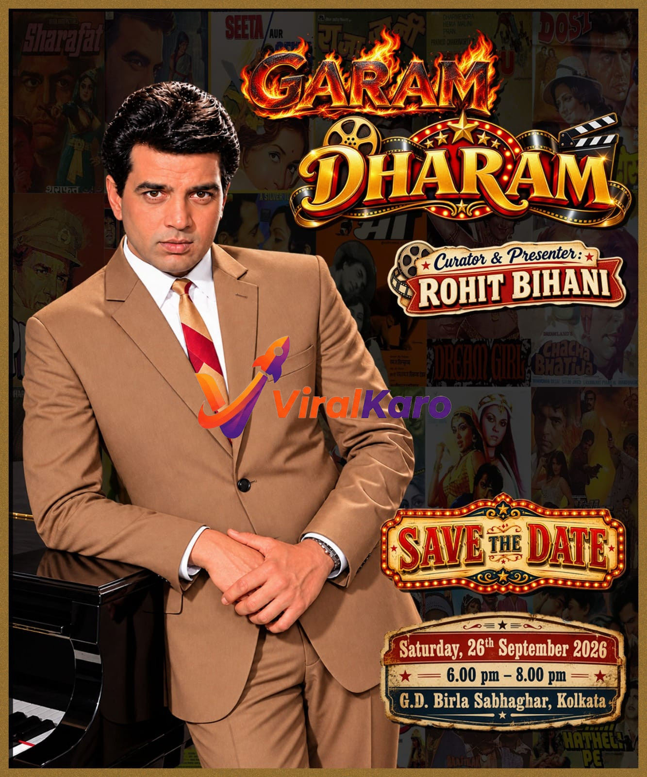 Promotional poster for Garam Dharam event featuring a man in a brown suit leaning on a piano with vintage Bollywood movie posters in the background.