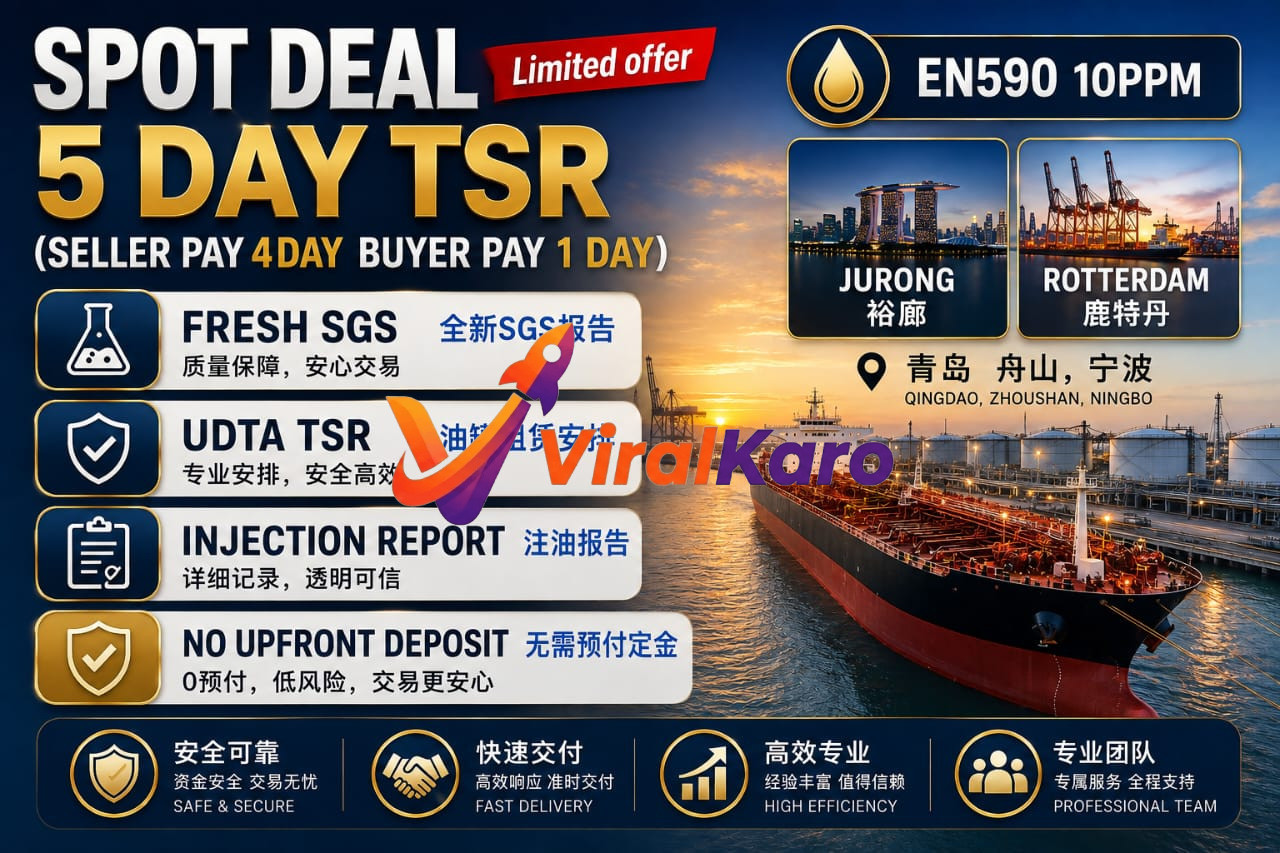 Infographic showing a commercial fuel tanker ship at a port, highlighting EN590 10PPM fuel spot deals, SGS report assurance, and no-deposit terms for global trading hubs like Qingdao, Zhoushan, and Rotterdam.