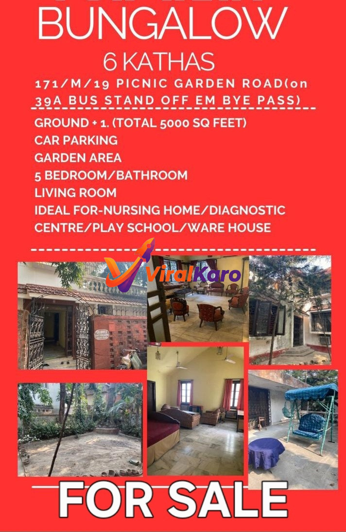 A flyer showcasing a spacious 6-katha bungalow for sale in Kolkata, featuring exterior views, garden area, and interior living room shots.