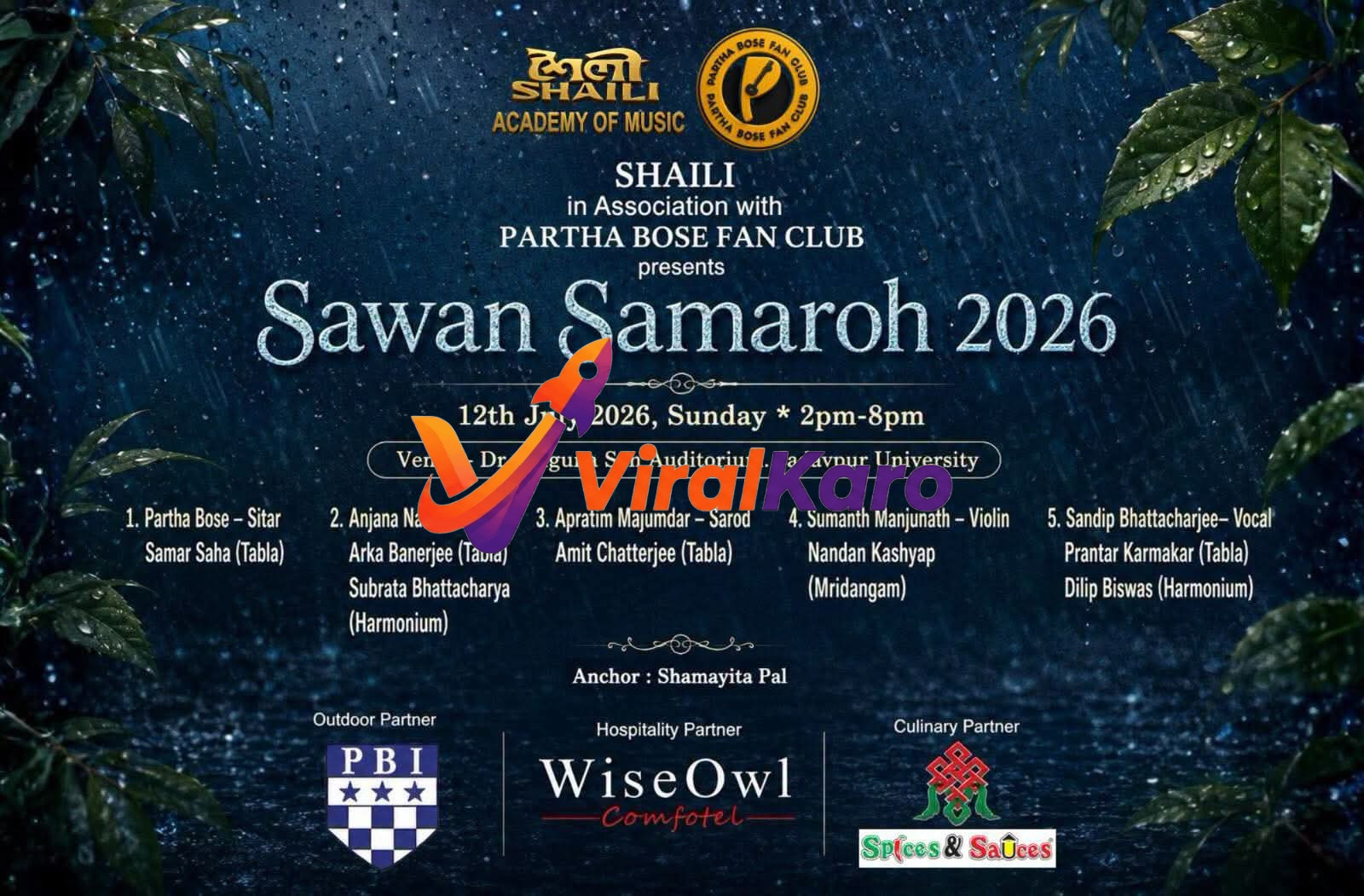 Event poster for Sawan Samaroh 2026 featuring musical performances by Partha Bose, Anjana Nath, and others at Triguna Sen Auditorium, Jadavpur University.