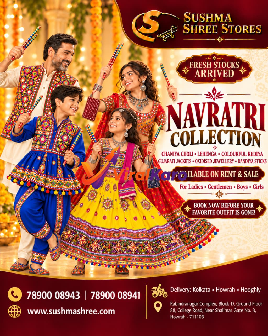 A family dressed in vibrant traditional Gujarati Navratri attire, including Chaniya Choli and Kediyas, holding Dandiya sticks for the festival.