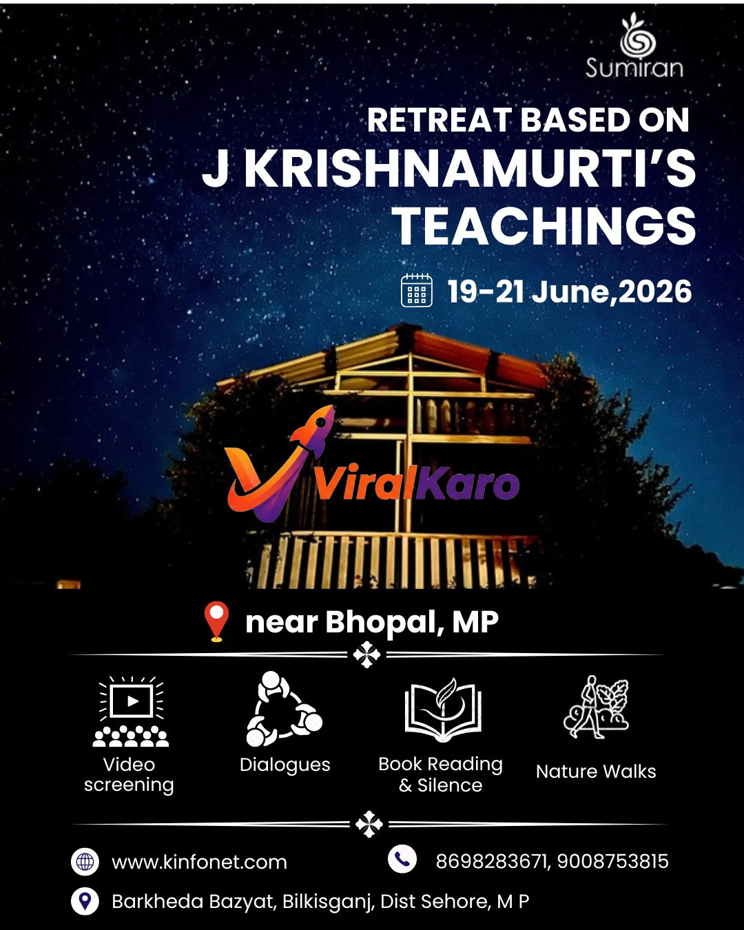Retreat poster on J Krishnamurti teachings with a night sky backdrop, scheduled for 19-21 June 2026 in Barkheda Bazyat, near Bhopal.