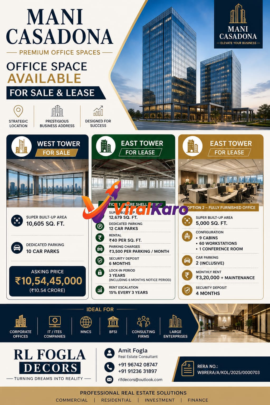 Aerial view and interior office layout of Mani Casadona commercial property with listing details for sale and lease options.