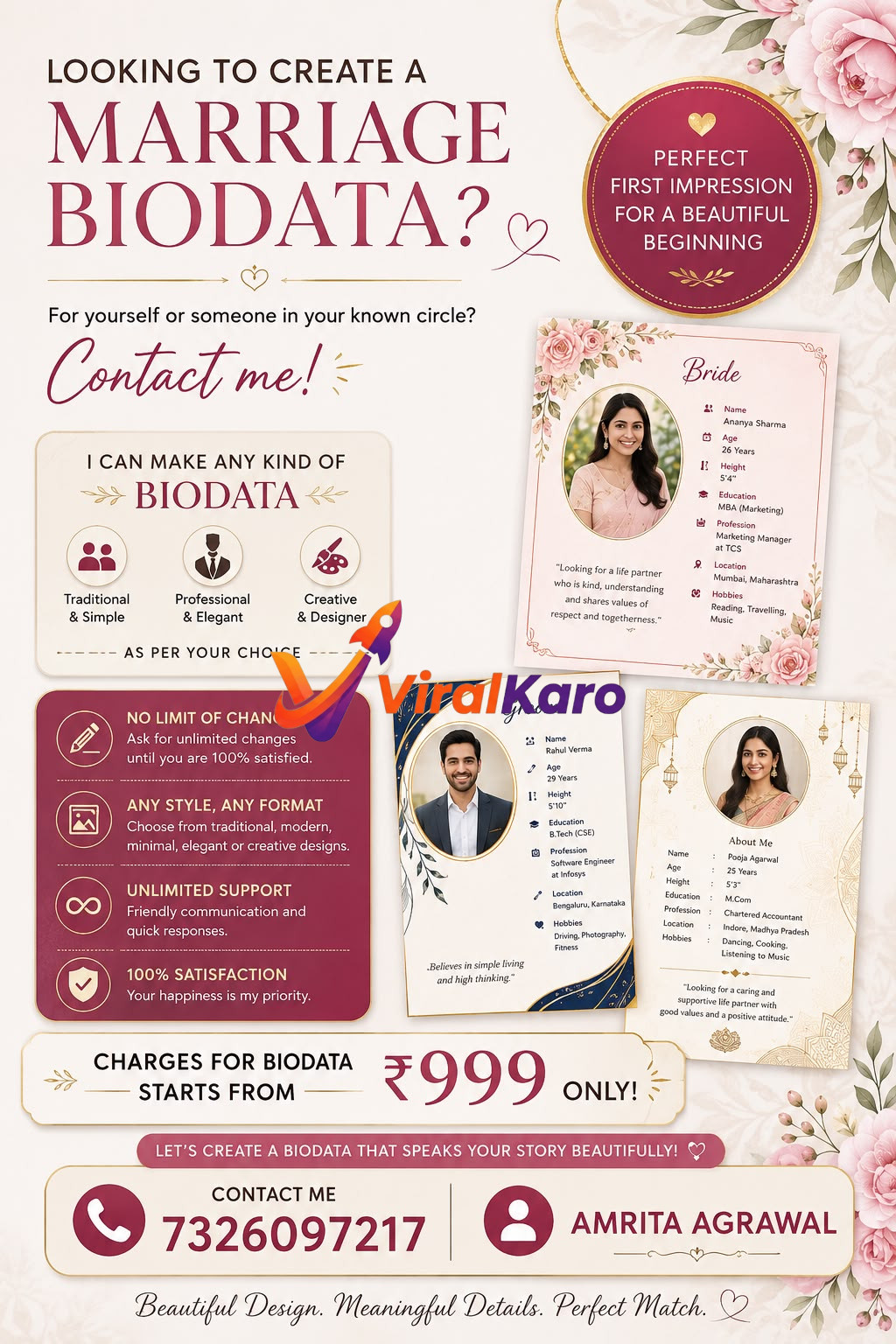 Flyer advertisement for marriage biodata design services by Amrita Agrawal featuring examples of bride and groom profiles with elegant floral borders.