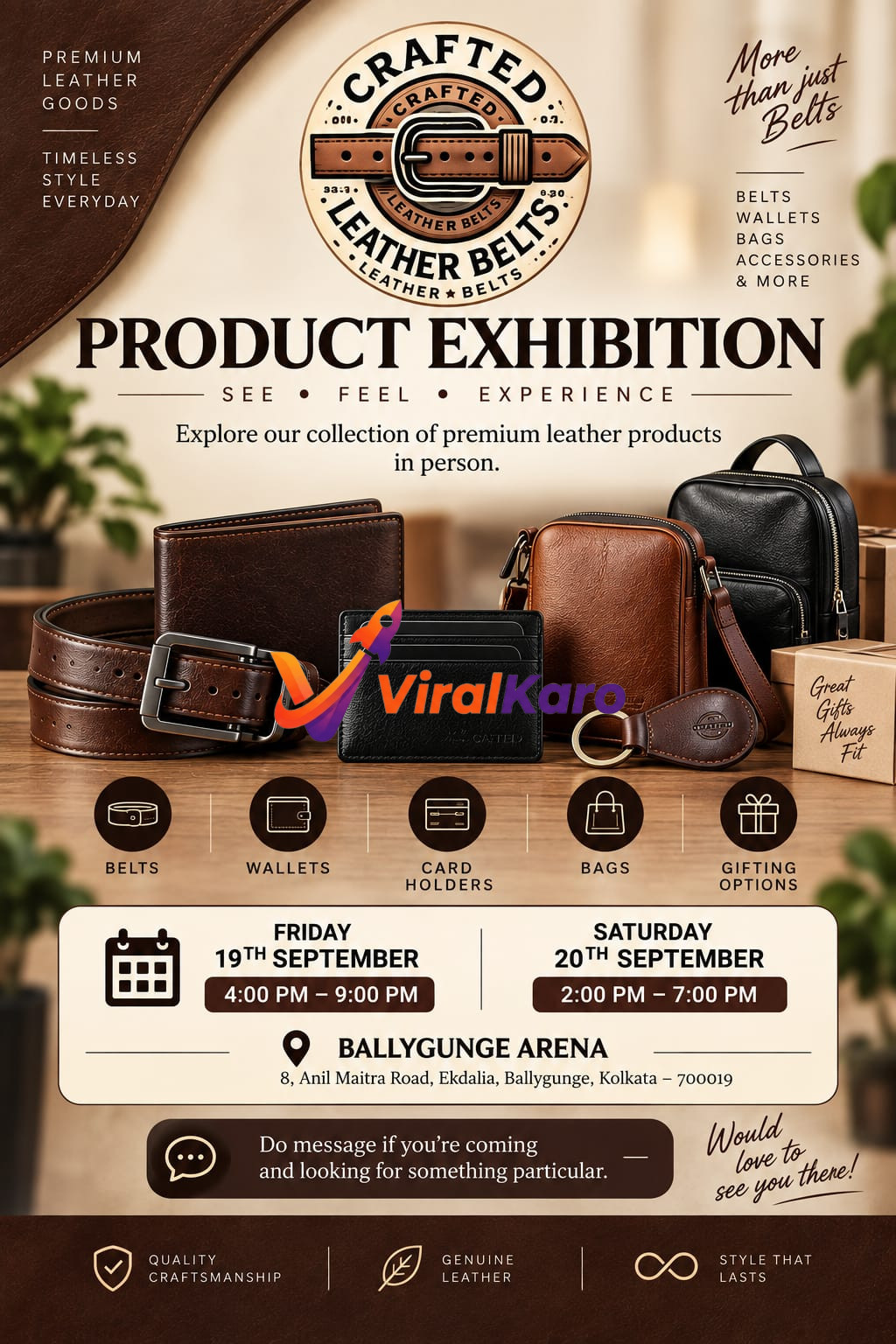 A stylish poster for a Crafted leather goods exhibition displaying premium leather belts, a wallet, and a messenger bag on a wooden table with event details for Ballygunge Arena.