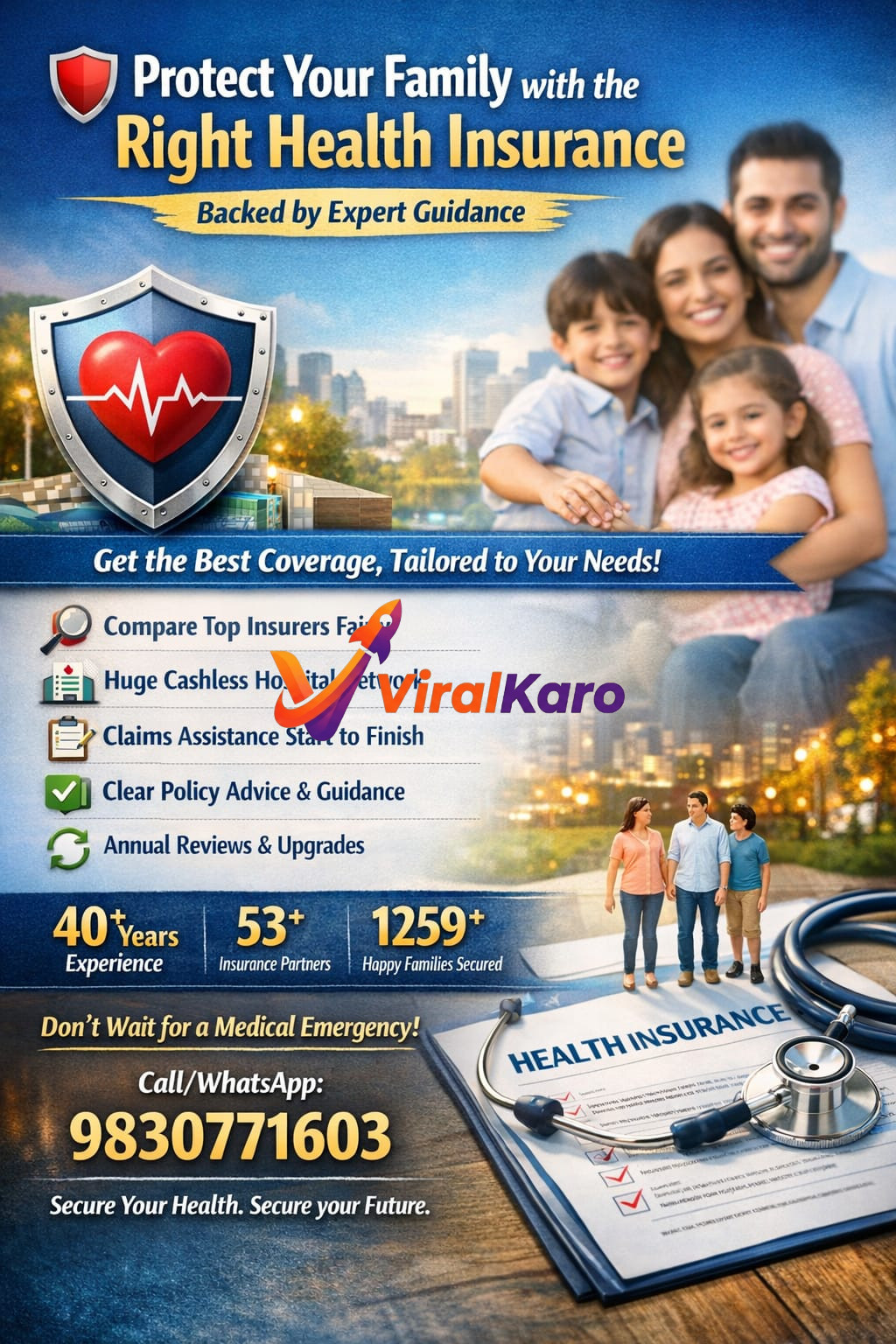 A promotional banner for health insurance featuring a happy family, a shield with a heart icon, and a stethoscope, encouraging families to secure their health with expert guidance.