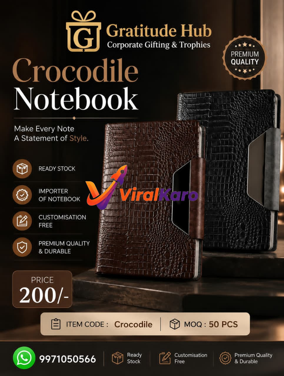 Close-up of premium brown and black crocodile texture leather-style corporate notebooks displayed elegantly, featuring Gratitude Hub branding.