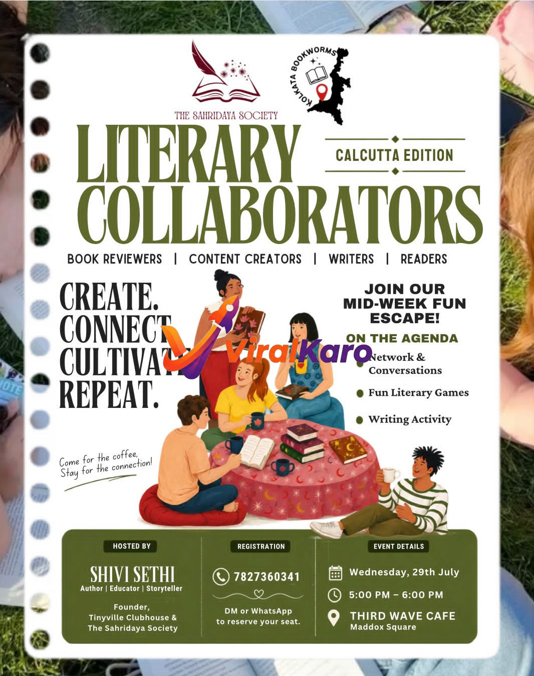Flyer for Literary Collaborators Calcutta Edition event hosted by Shivi Sethi at Third Wave Cafe Maddox Square.
