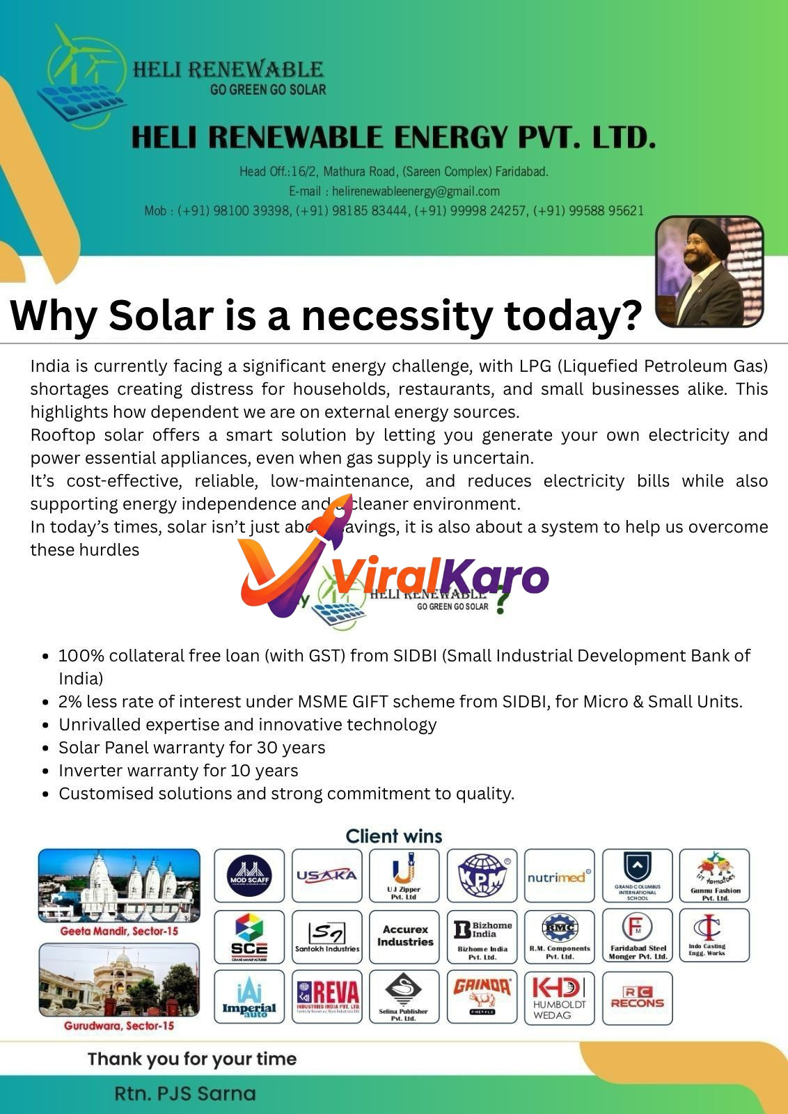 Informational flyer for Heli Renewable Energy Pvt. Ltd., promoting solar energy solutions in Faridabad, India. The image features the company logo with a solar panel and wind turbine, a portrait of a Sikh gentleman, and text highlighting 'Why Solar is a necessity today?'. It lists benefits like 100% collateral-free loans from SIDBI, 30-year solar panel warranty, and 10-year inverter warranty. Below are logos of various 'Client wins' including Geeta Mandir and Gurudwara. Contact details for Heli Renewable Energy are prominently displayed.