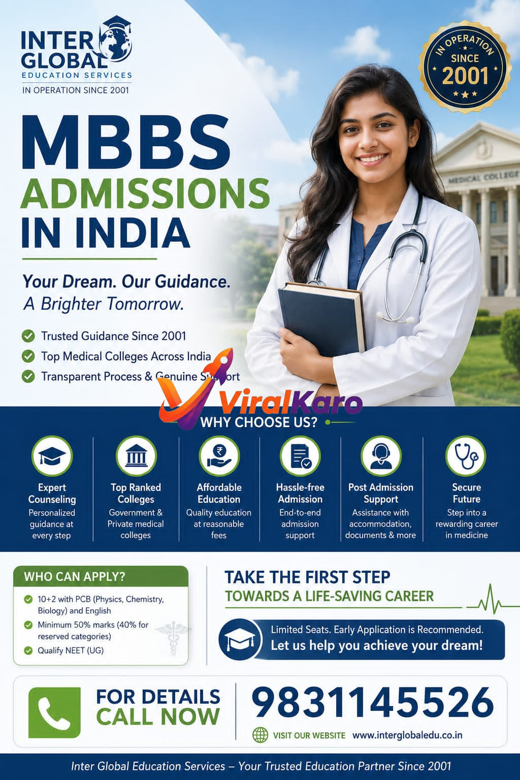 A smiling female medical student in a lab coat holding books, advertising MBBS admission services by Inter Global Education.