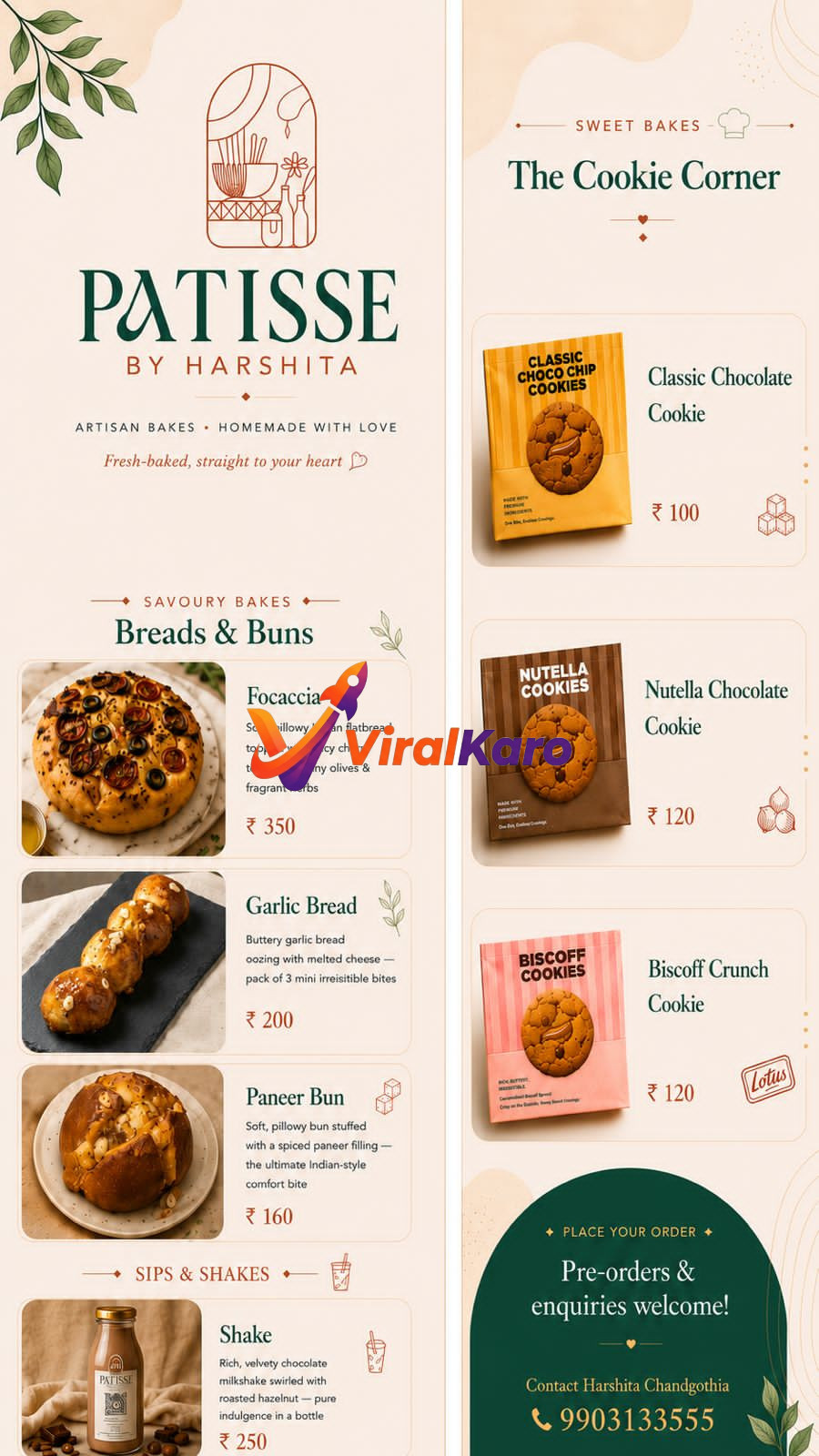 Menu card for Patisse by Harshita showing prices for artisanal breads, paneer buns, garlic bread, and chocolate cookies.