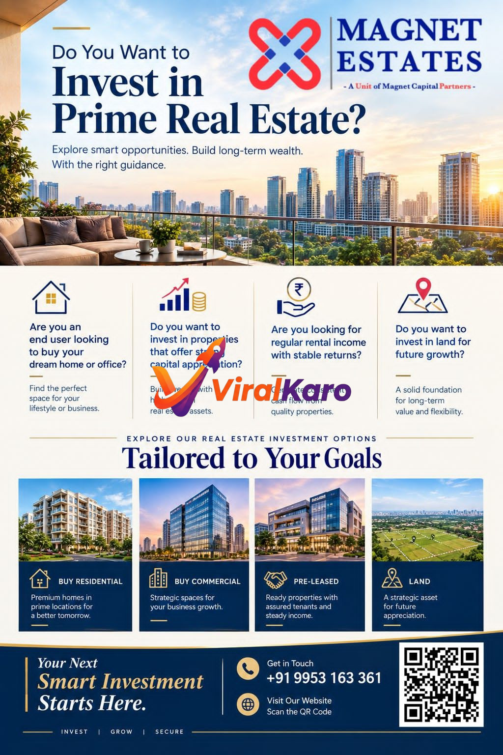 An informative infographic by Magnet Estates showcasing various real estate investment options including residential homes, commercial office spaces, and land for future growth.