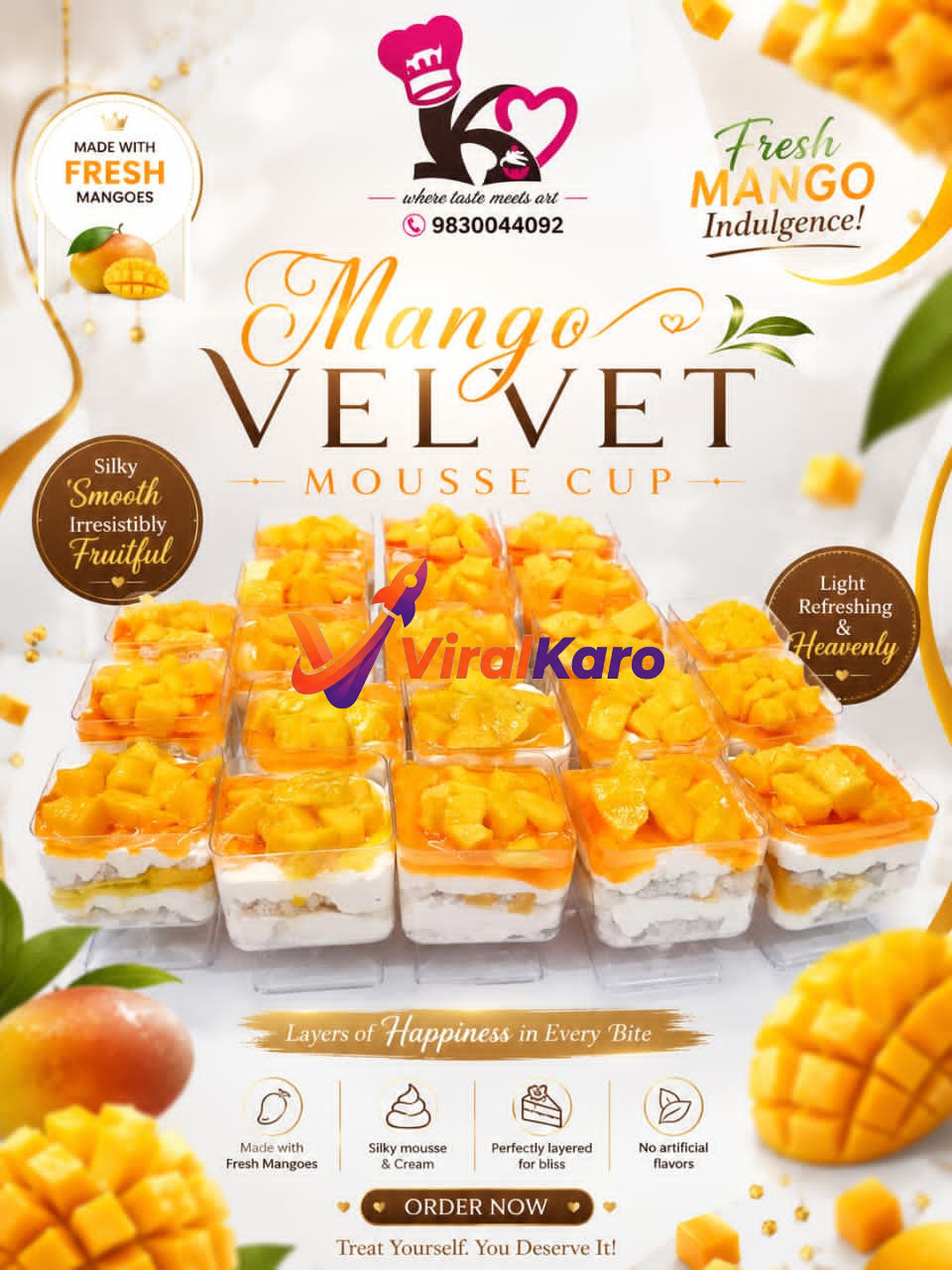 A close-up promotional image of multiple Mango Velvet Mousse Cups topped with fresh diced mango pieces, presented with a professional dessert branding background.
