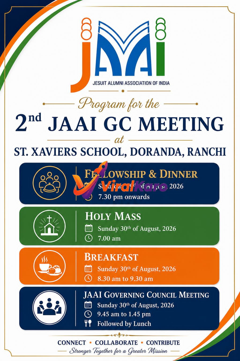 Official event flyer for the 2nd Jesuit Alumni Association of India (JAAI) Governing Council Meeting at St. Xavier's School, Doranda, Ranchi, listing schedule for August 29-30, 2026.