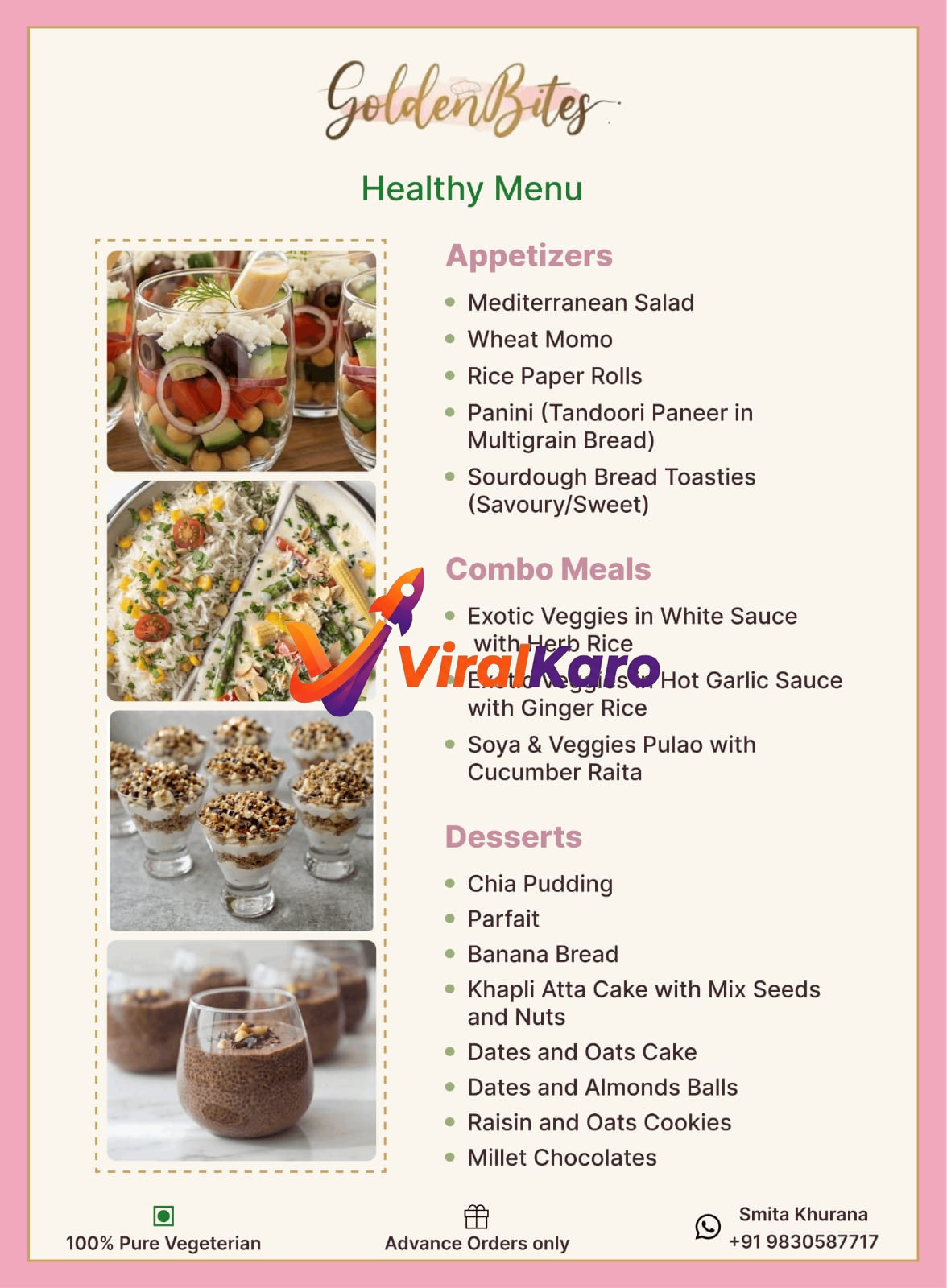 A menu card for Golden Bites featuring healthy vegetarian food options including salads, wheat momos, parfaits, and healthy cakes.